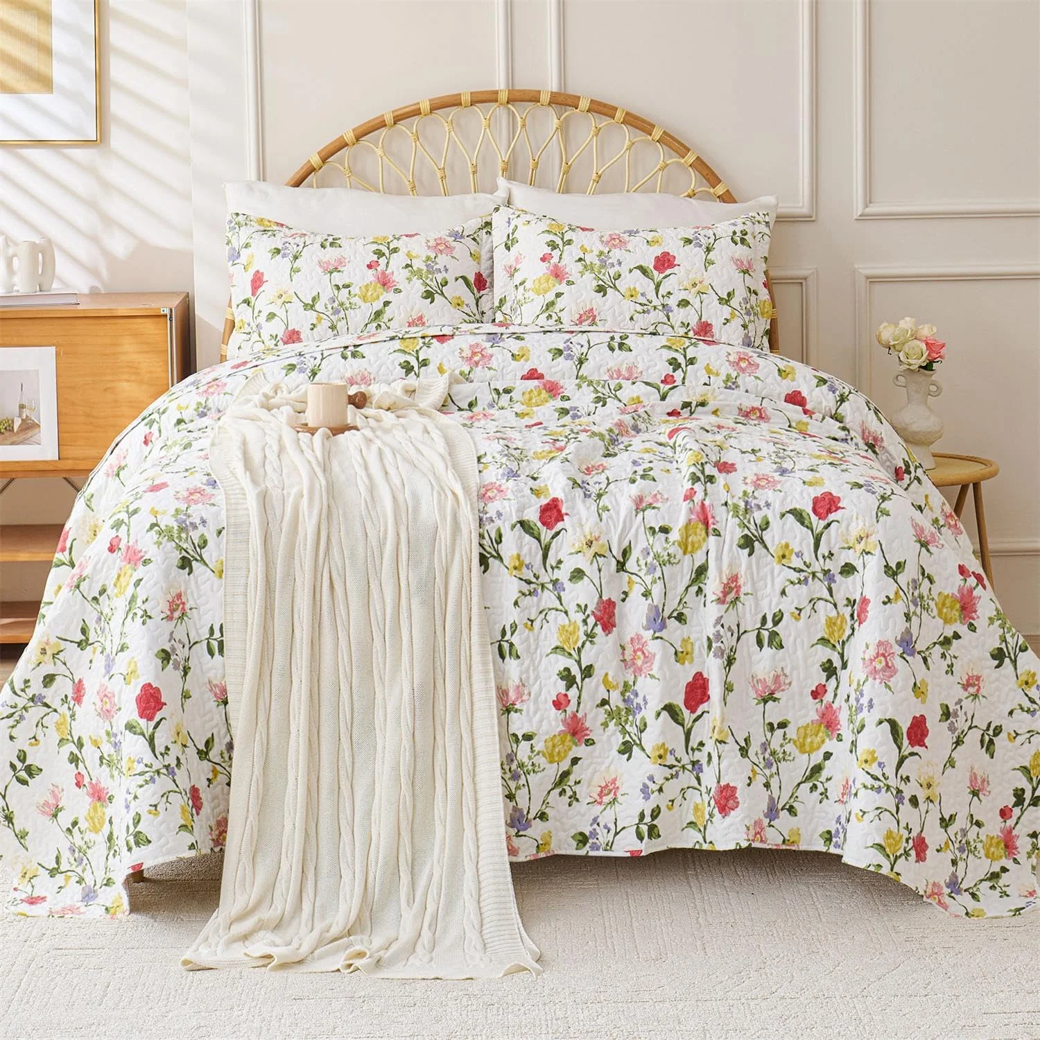 ست لحاف روتختی زرد رمانتیک Cmfshape سایز کینگ، روتختی دو رو طرح دار 3 تکه، ست روکش تخت گلدار با روبالشتی، ست ملحفه میکروفایبر سبک وزن برای تمام فصول (زرد، 259x228)