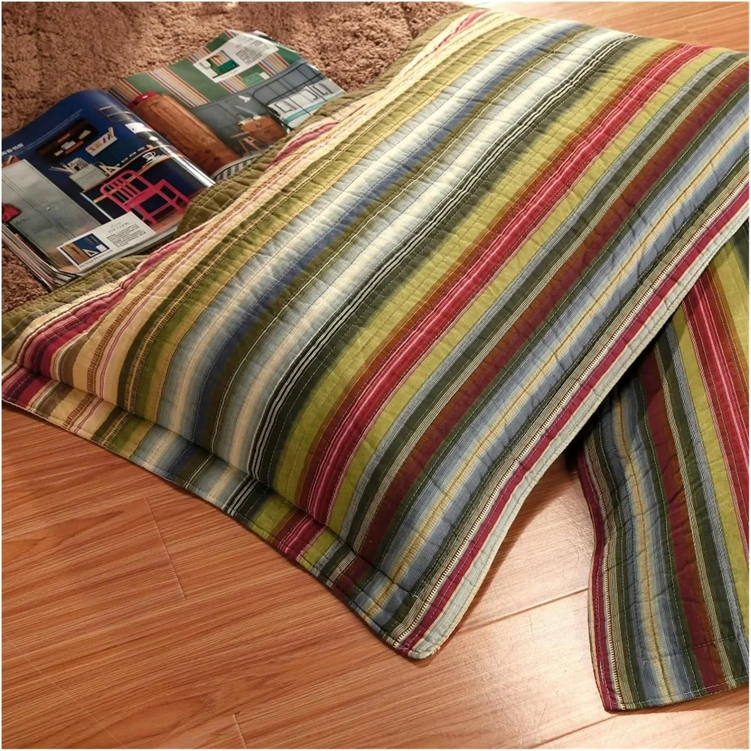 ست لحاف روتختی، ست لحاف راه راه 3 تکه/4 تکه پتو پنبه ای سازگار با تخت خواب دو نفره روتختی لحافی روی تخت روبالشی رو تختی سایز کوئین (A 230x250cm 3 تکه)