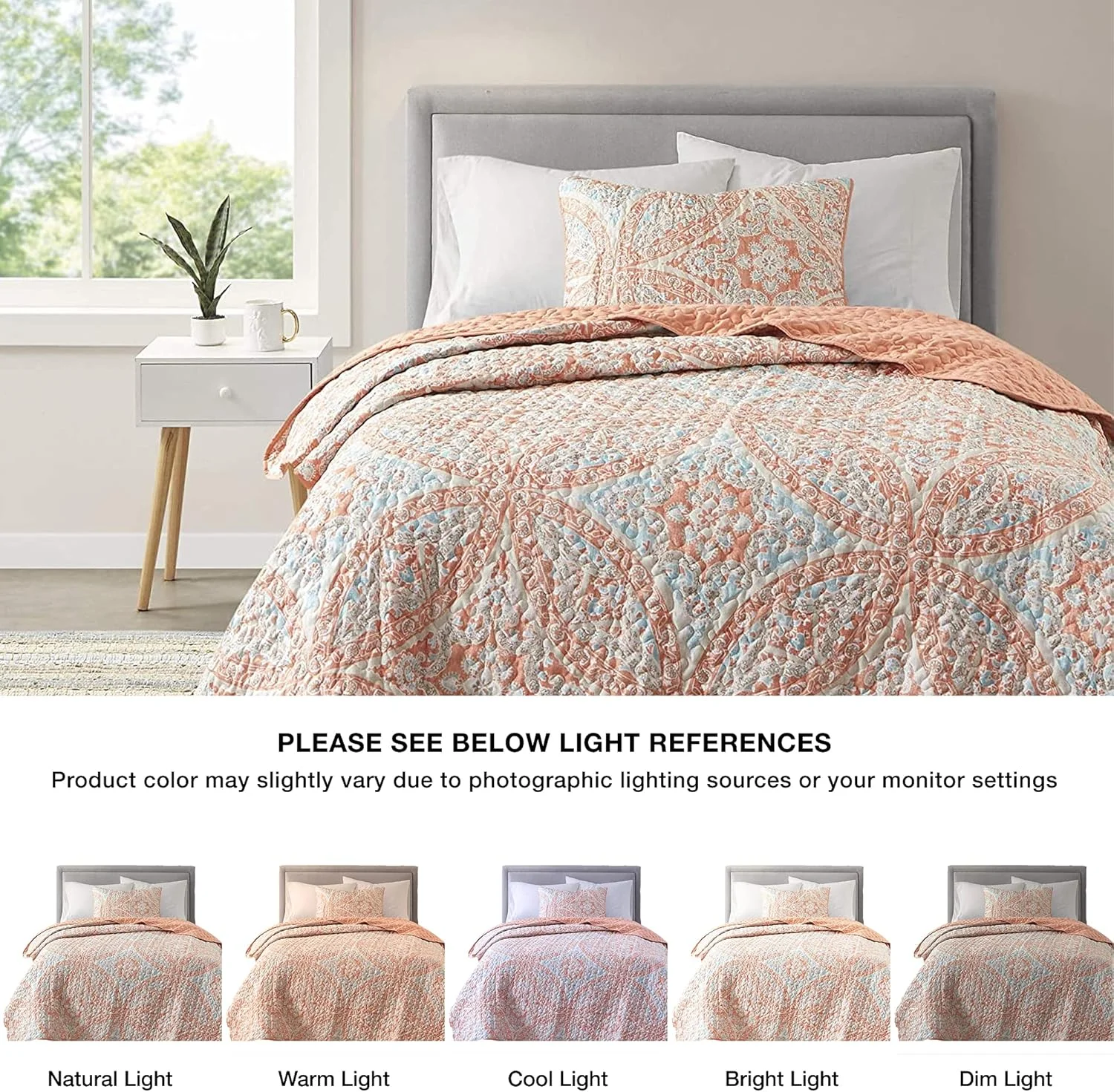 ست لحاف دو رو Comfort Spaces - طراحی دوخت ورمیشلی مناسب تمام فصول، سبک وزن، رو تختی، به همراه روبالشتی، سایز یک نفره/یک نفره بزرگ (66 در 90 اینچ، طرح گلوریا داماسک مرجانی 2 تکه)