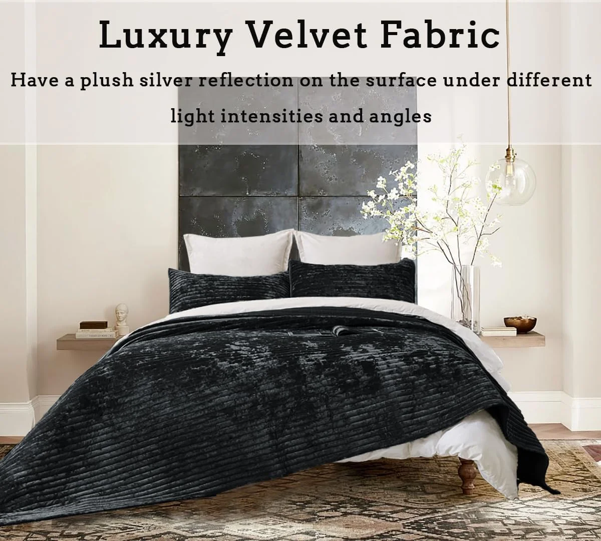 ست روتختی مخمل سه تکه لوکس سایز بزرگ کینگ کوکوپلوس، 270x300 سانتی متر، طرح راه راه، شامل روتختی و 2 روبالشتی 50x90 سانتی متر، فوق العاده نرم و مناسب تمام فصول، مشکی