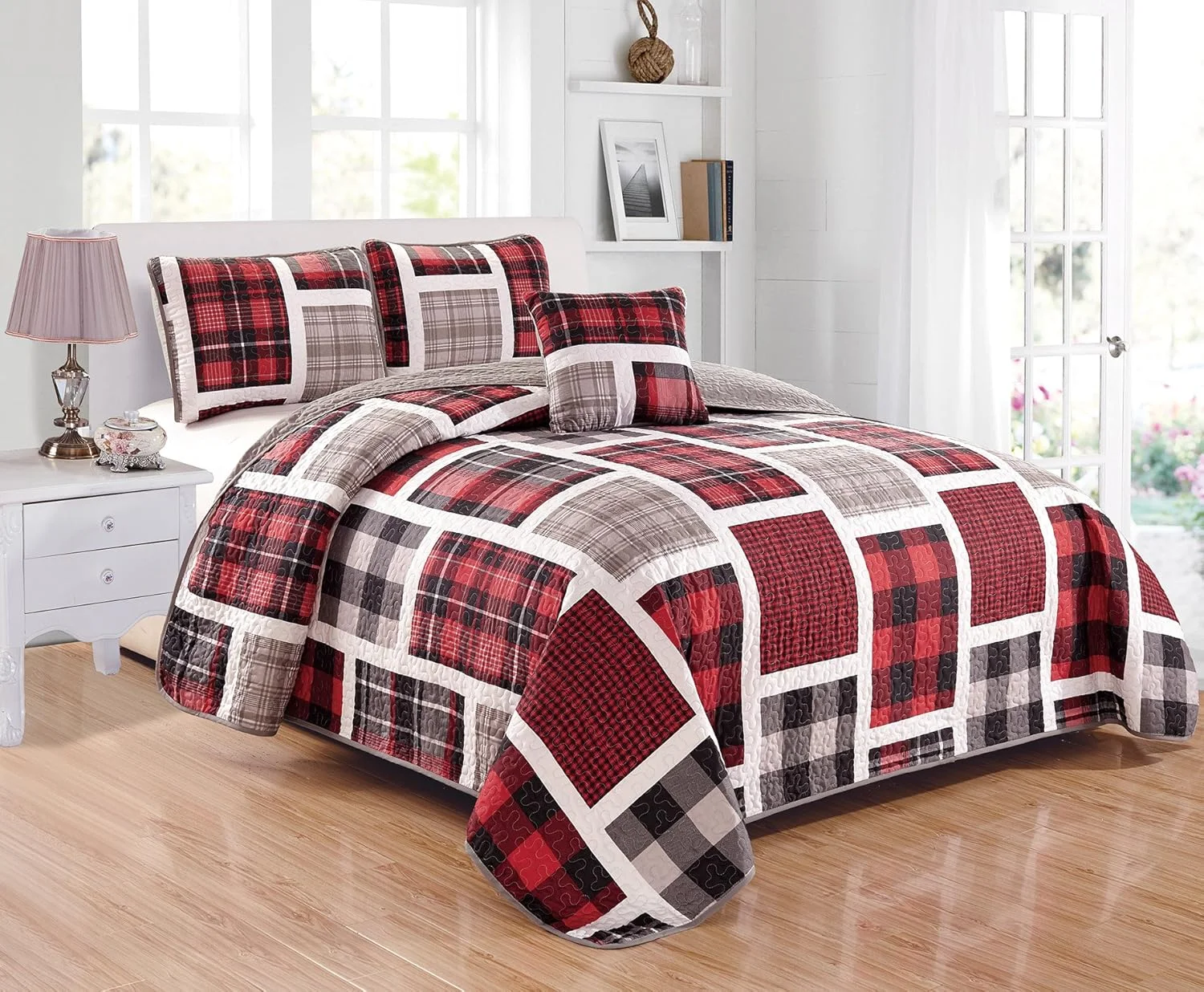 Mk Collection 4pc Full Size Reversible Coverlet Bedspread Set Patchwork Plaid Gray Red Black White New