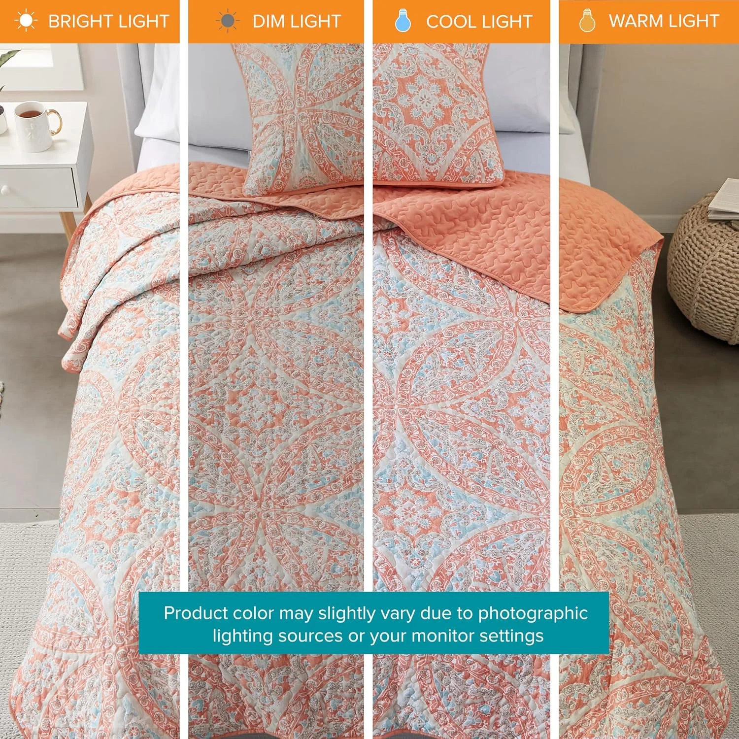 ست لحاف دو رو Comfort Spaces - طراحی دوخت ورمیشلی مناسب تمام فصول، سبک وزن، رو تختی، به همراه روبالشتی، سایز یک نفره/یک نفره بزرگ (66 در 90 اینچ، طرح گلوریا داماسک مرجانی 2 تکه)