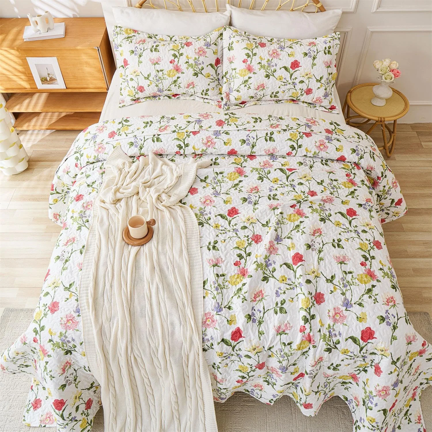 ست لحاف روتختی زرد رمانتیک Cmfshape سایز کینگ، روتختی دو رو طرح دار 3 تکه، ست روکش تخت گلدار با روبالشتی، ست ملحفه میکروفایبر سبک وزن برای تمام فصول (زرد، 259x228)