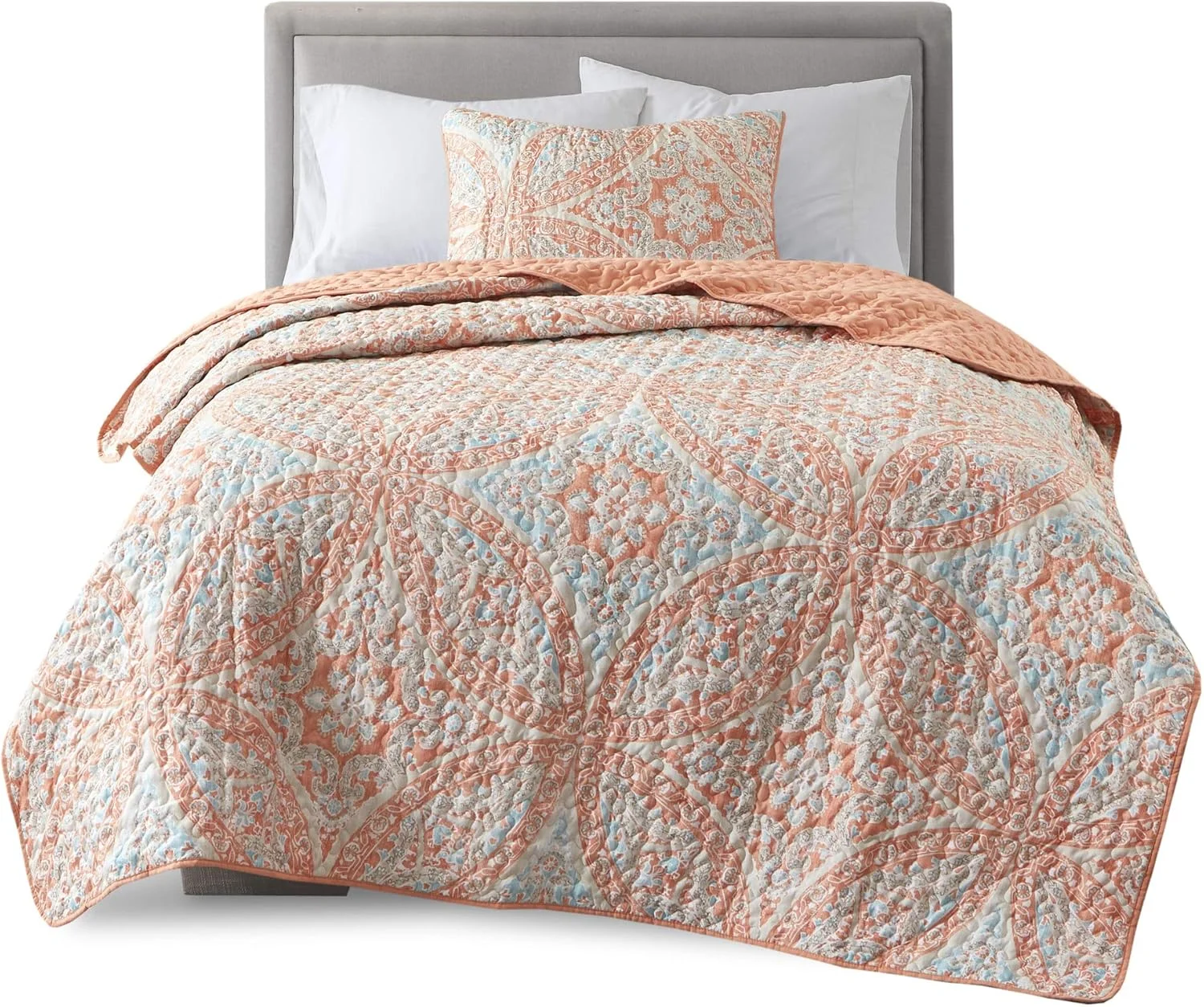 ست لحاف دو رو Comfort Spaces - طراحی دوخت ورمیشلی مناسب تمام فصول، سبک وزن، رو تختی، به همراه روبالشتی، سایز یک نفره/یک نفره بزرگ (66 در 90 اینچ، طرح گلوریا داماسک مرجانی 2 تکه)