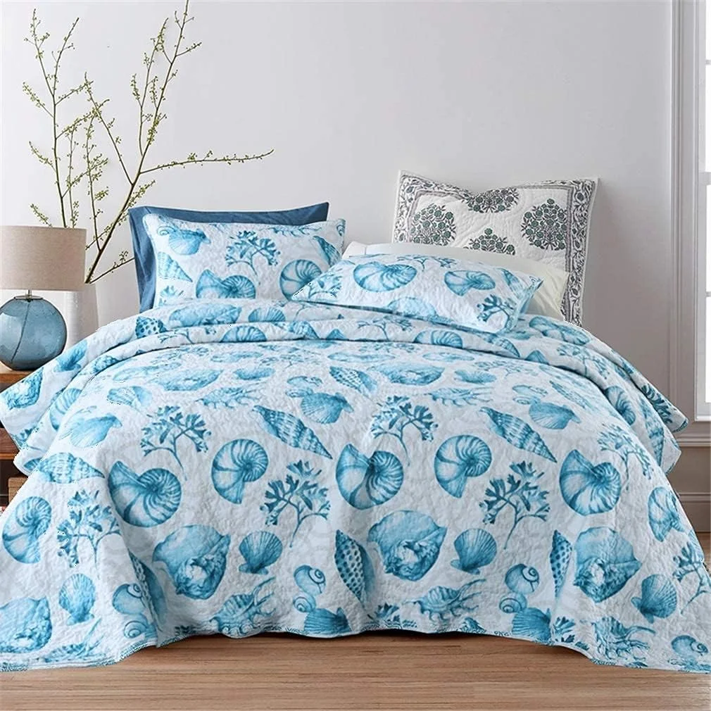 روتختی سه تکه طرح زندگی دریایی، تکه دوزی شده، چاپ آبی، جنس پنبه، 230 * 230 سانتی متر + 50 * 70 سانتی متر در 2 عدد برای تخت 105 یا 135