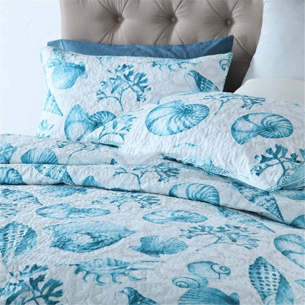 روتختی سه تکه طرح زندگی دریایی، تکه دوزی شده، چاپ آبی، جنس پنبه، 230 * 230 سانتی متر + 50 * 70 سانتی متر در 2 عدد برای تخت 105 یا 135