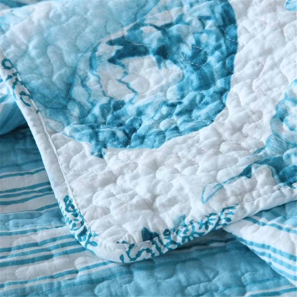 روتختی سه تکه طرح زندگی دریایی، تکه دوزی شده، چاپ آبی، جنس پنبه، 230 * 230 سانتی متر + 50 * 70 سانتی متر در 2 عدد برای تخت 105 یا 135