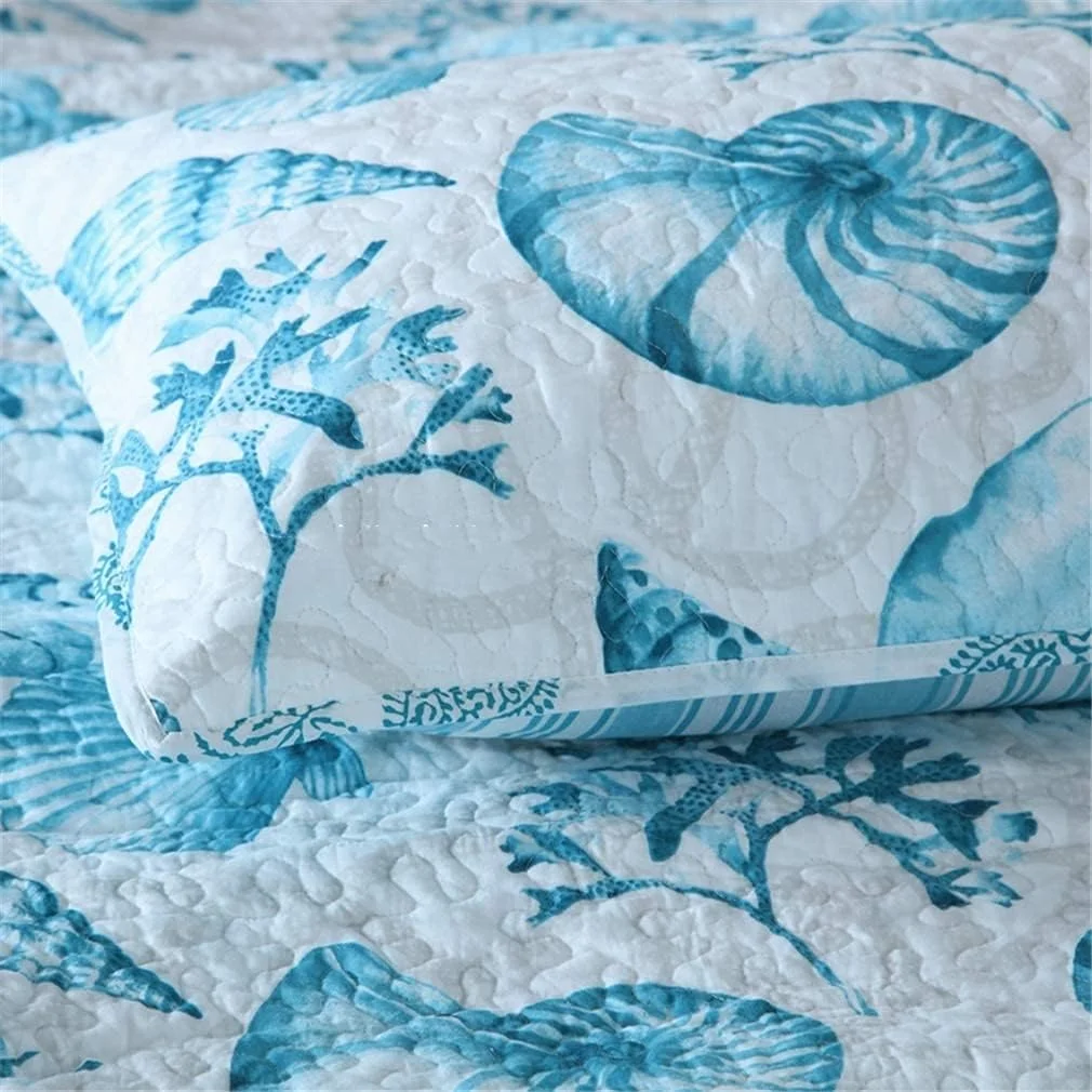 روتختی سه تکه طرح زندگی دریایی، تکه دوزی شده، چاپ آبی، جنس پنبه، 230 * 230 سانتی متر + 50 * 70 سانتی متر در 2 عدد برای تخت 105 یا 135