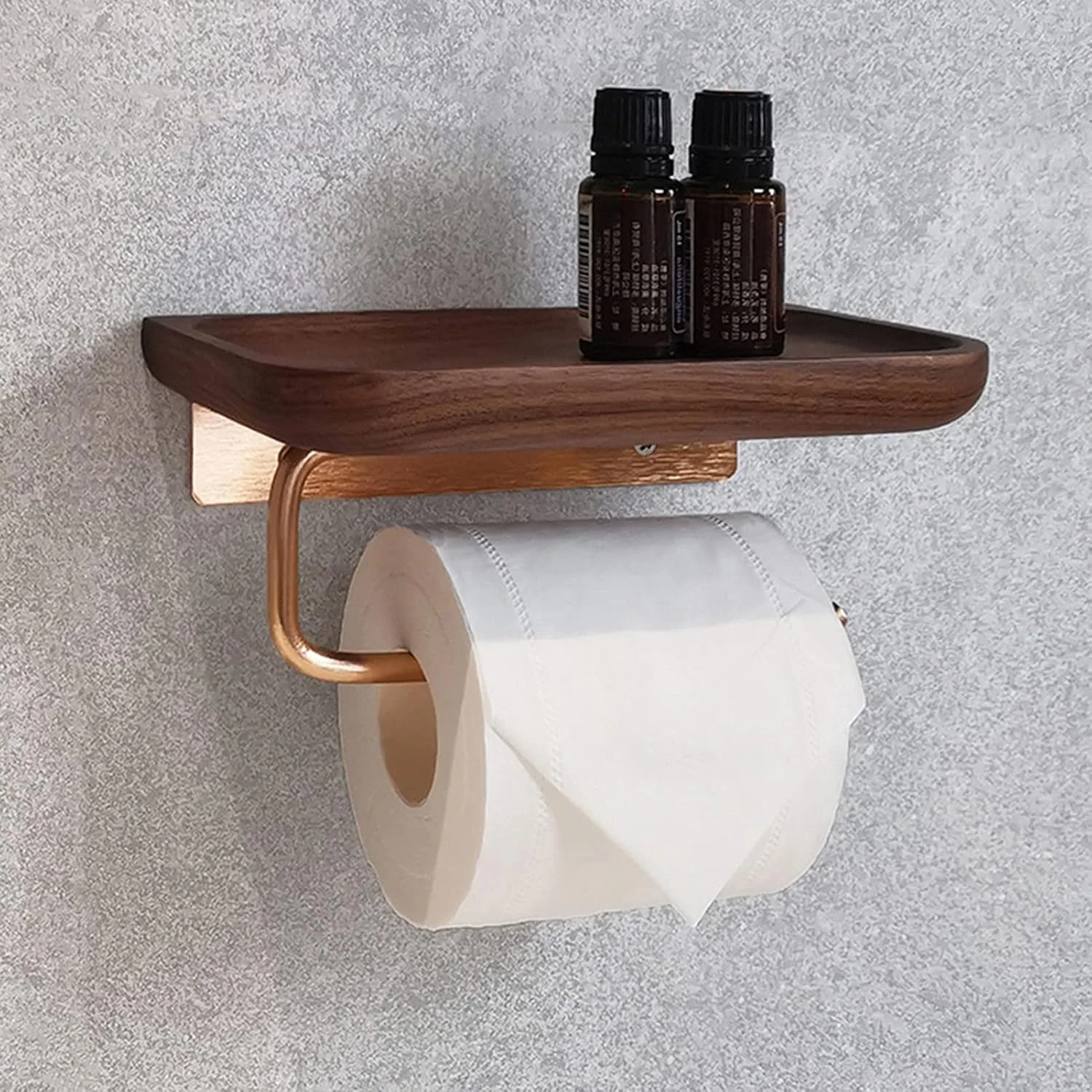 نگهدارنده کاغذ توالت دیواری LIU با قفسه ذخیره سازی چوبی برای آشپزخانه، حمام و سرویس بهداشتی منزل (رنگ: طلایی رز)