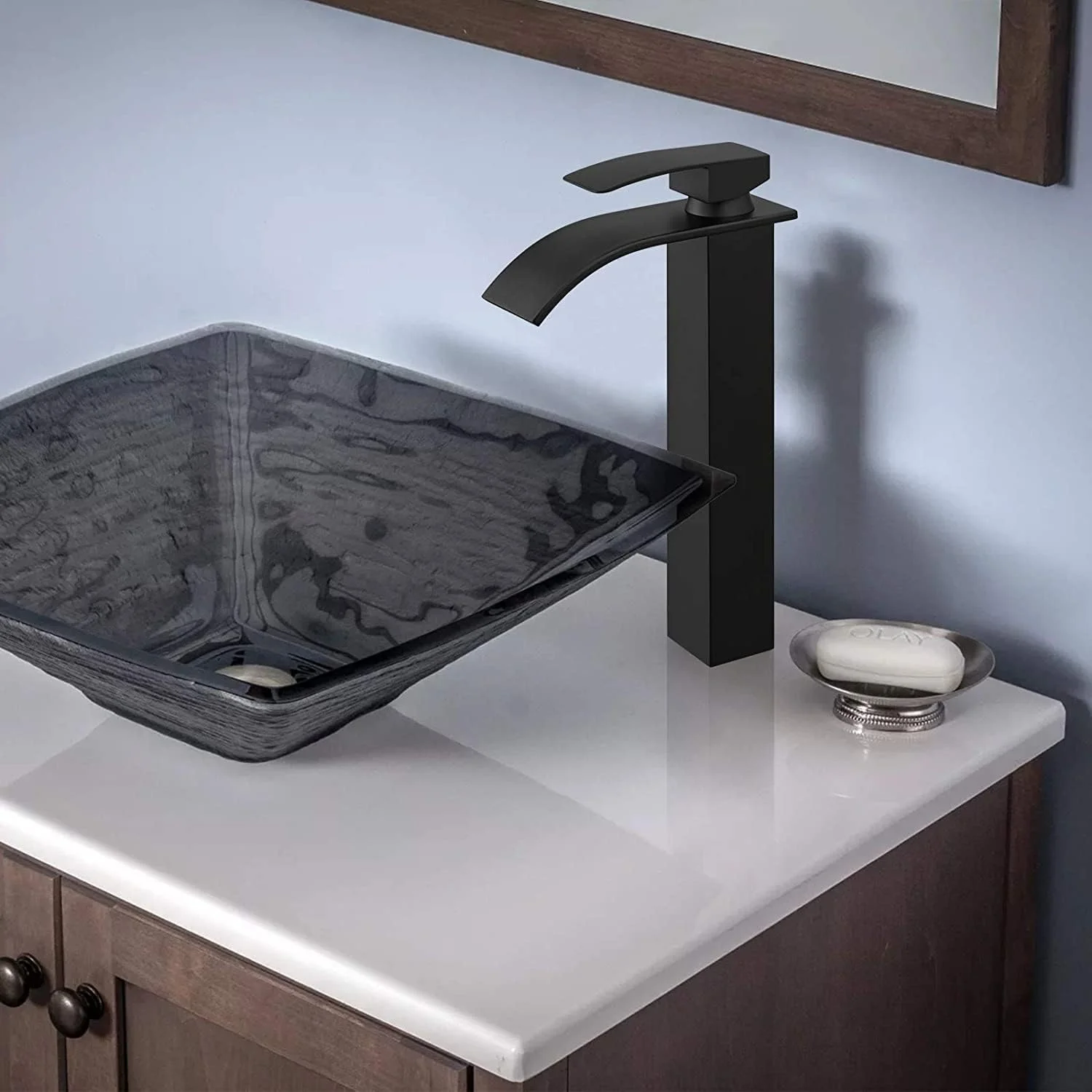 شیر آب حمام آبشاری مشکی PYEBE، شیر سینک روشویی تک دستگیره بلند، شیر میکسر حوضچه روشویی RV، برنج جامد/مشکی مات