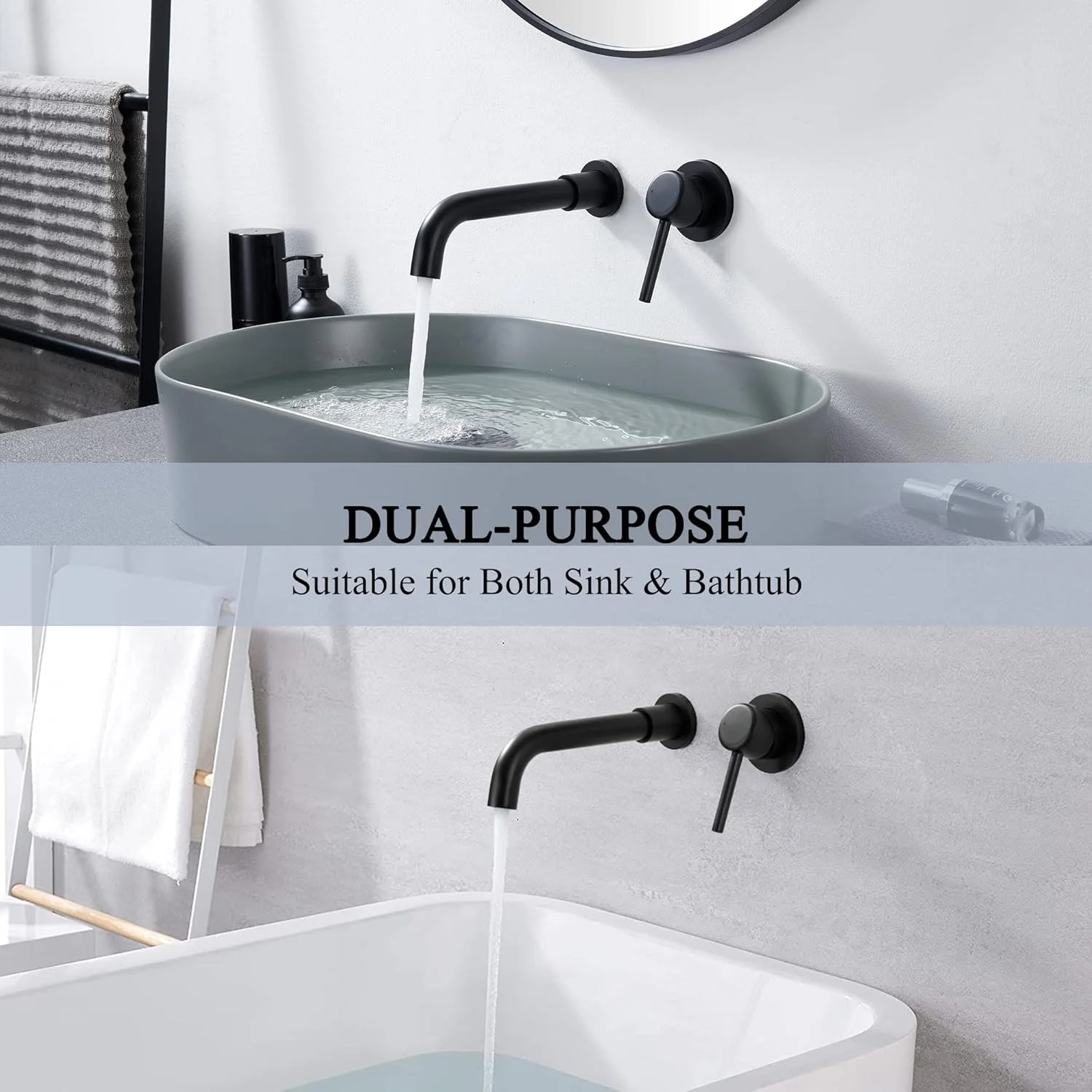 شیر روشویی دیواری یارد مونه، مشکی مات، تک دستگیره، با قابلیت چرخش 360 درجه، برنجی جامد با خروجی بلند، شامل شیر پیسوار