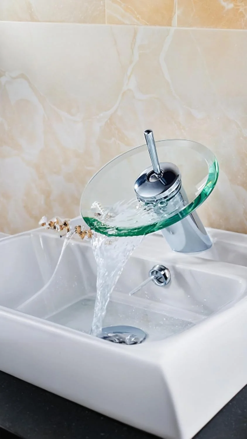 شیر آب آبشاری شیشه ای Sweet seven - شیرهای مخلوط حوضچه آب گرم/سرد برای سینک و حمام، روکش کروم