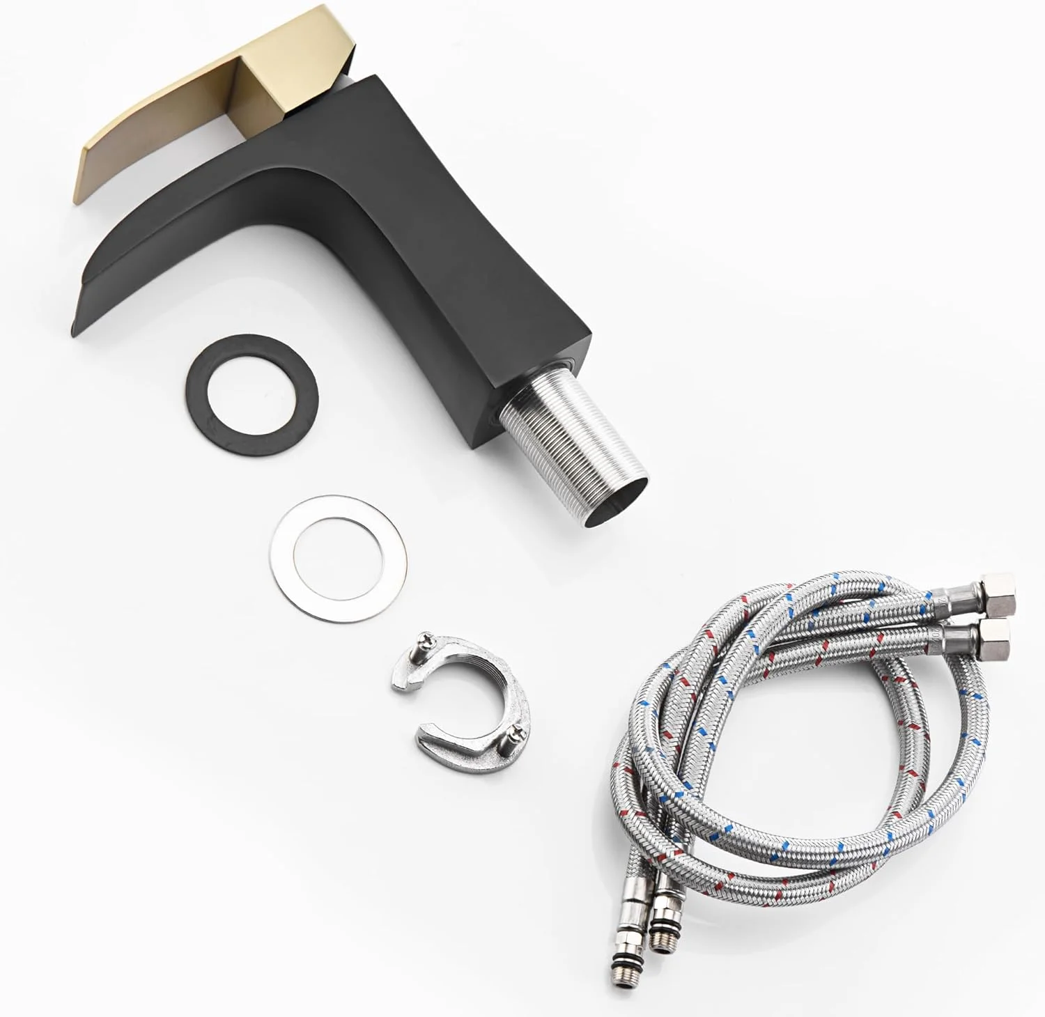 شیر آب روشویی آبشاری Sumerain، نصب روی سینک، تک سوراخ، استیل ضد زنگ SUS304، مشکی و طلایی