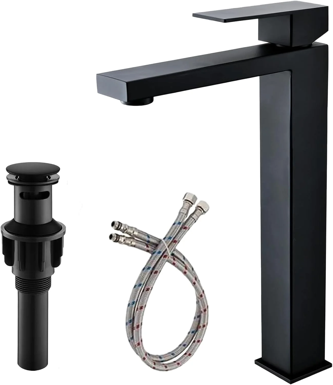 شیر روشویی تک دستگیره مشکی مات بلند Friho، شیرآلات مدرن روشویی، شیر مخلوط کننده کاسه ای، شیر روشویی با شلنگ های آب