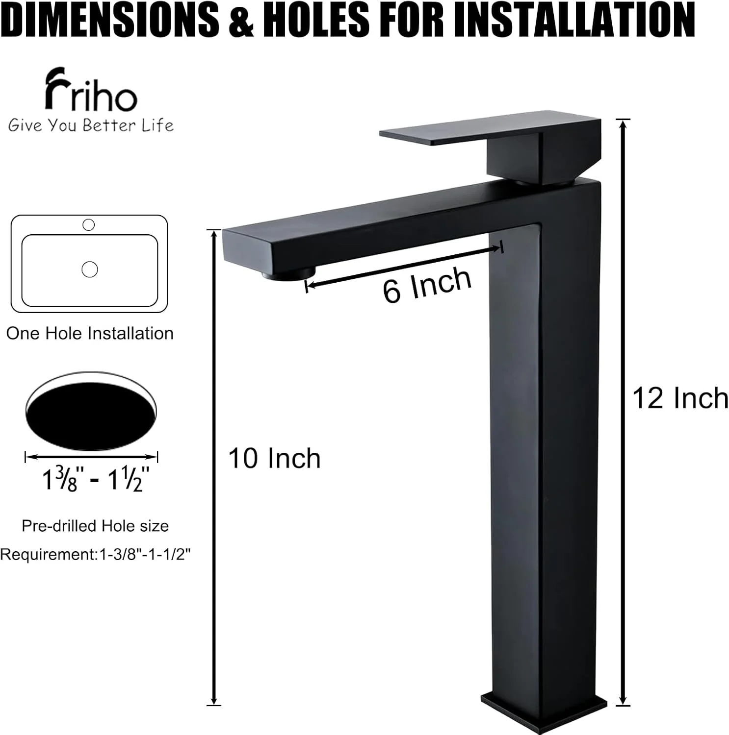 شیر روشویی تک دستگیره مشکی مات بلند Friho، شیرآلات مدرن روشویی، شیر مخلوط کننده کاسه ای، شیر روشویی با شلنگ های آب