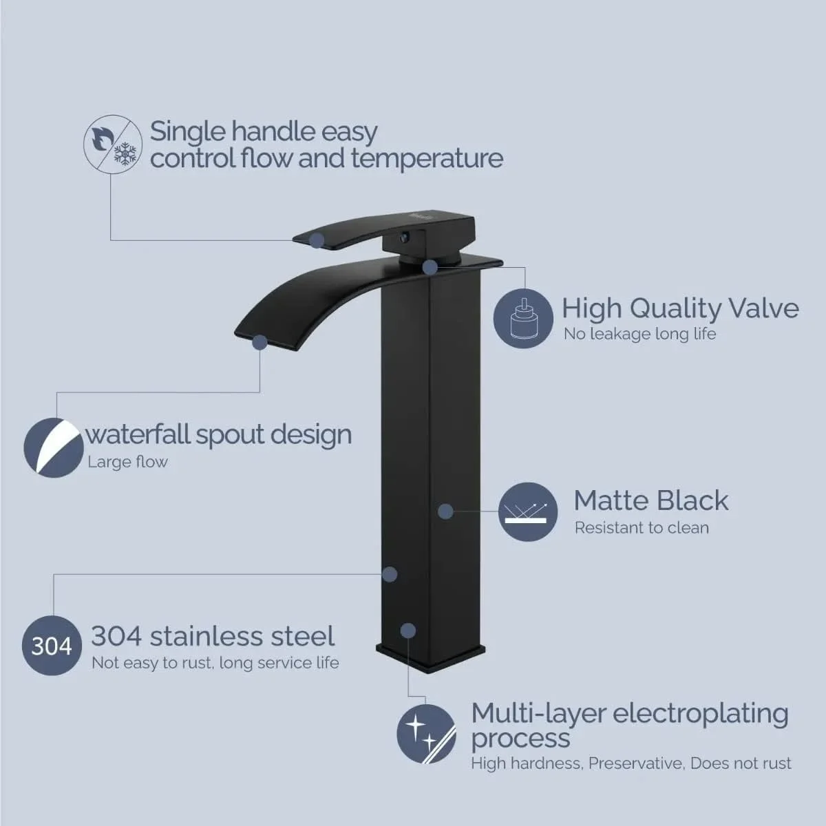 شیر آب حمام آبشاری مشکی PYEBE، شیر سینک روشویی تک دستگیره بلند، شیر میکسر حوضچه روشویی RV، برنج جامد/مشکی مات