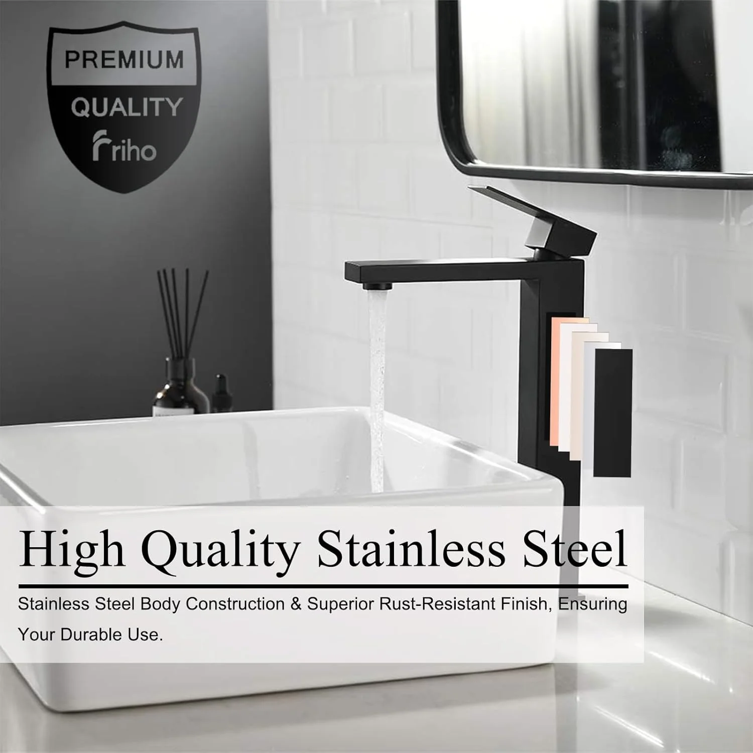 شیر روشویی تک دستگیره مشکی مات بلند Friho، شیرآلات مدرن روشویی، شیر مخلوط کننده کاسه ای، شیر روشویی با شلنگ های آب