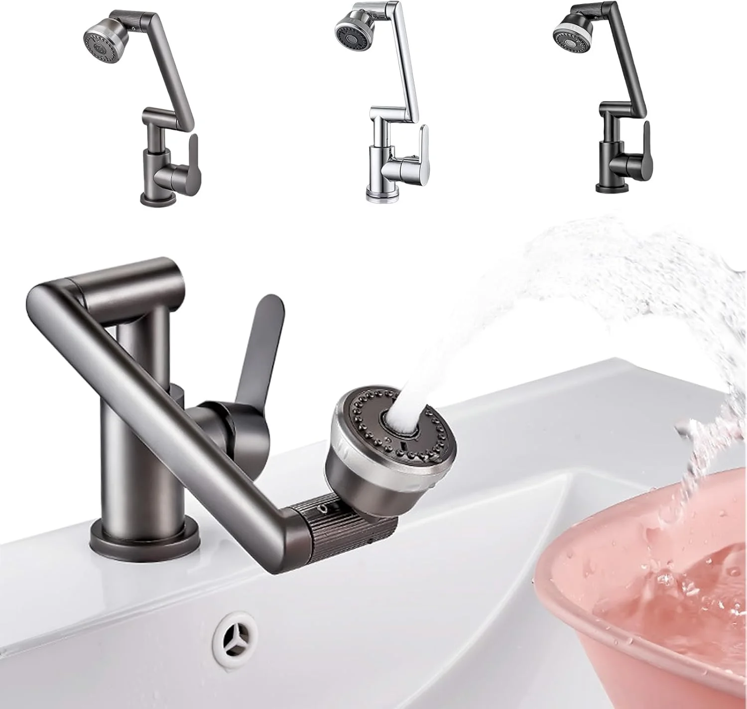 شیر روشویی چند منظوره استیل چرخان 360 درجه - مخلوط کن آب گرم/سرد، 4 حالت اسپری، شلنگ های 80 سانتی متری برای سینک حمام خاکستری/مشکی/نقره ای (خاکستری مات)