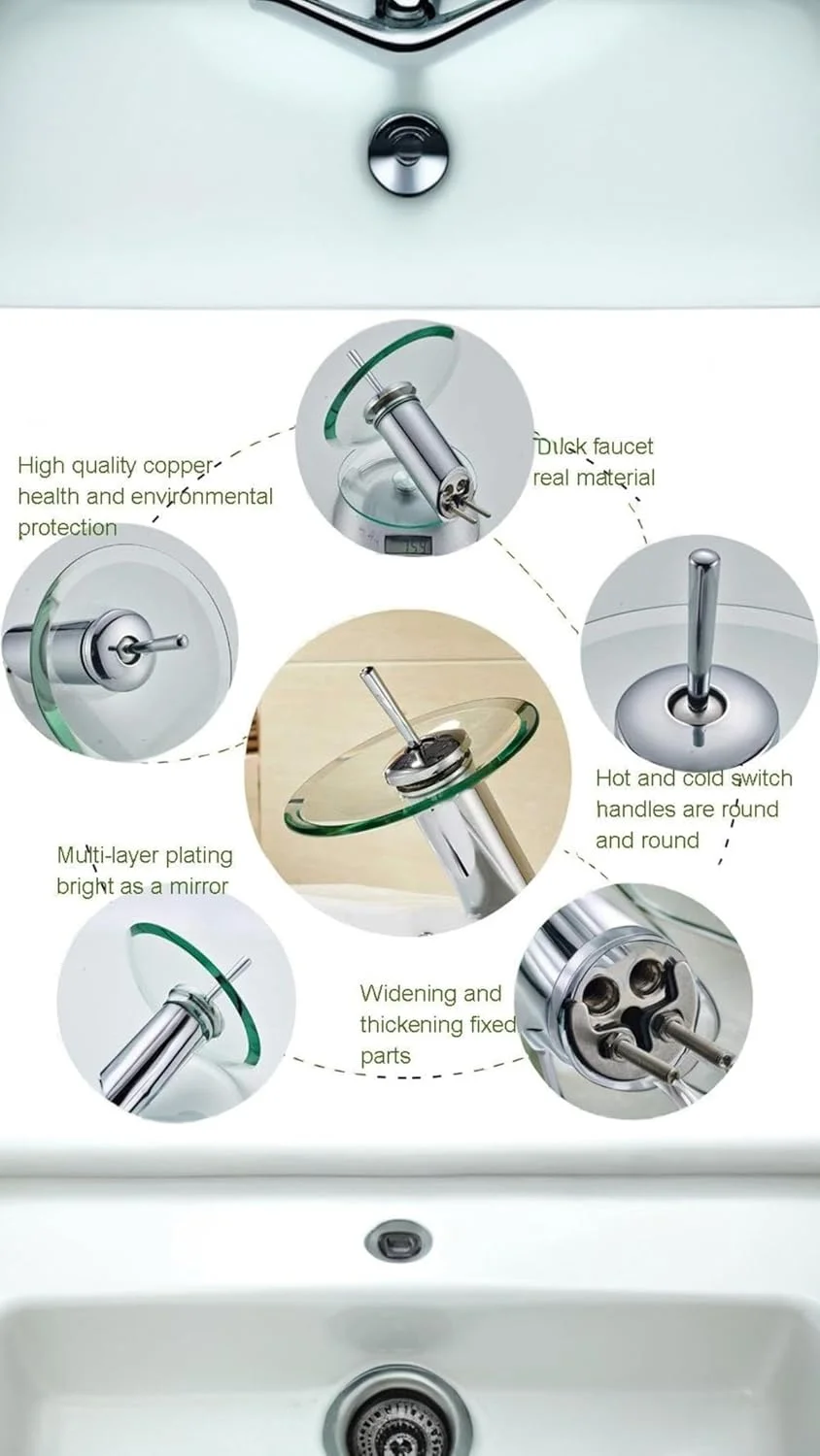 شیر آب آبشاری شیشه ای Sweet seven - شیرهای مخلوط حوضچه آب گرم/سرد برای سینک و حمام، روکش کروم شیر آب آبشاری شیشه ای Sweet seven - شیرهای مخلوط حوضچه آب گرم/سرد برای سینک و حمام، روکش کروم