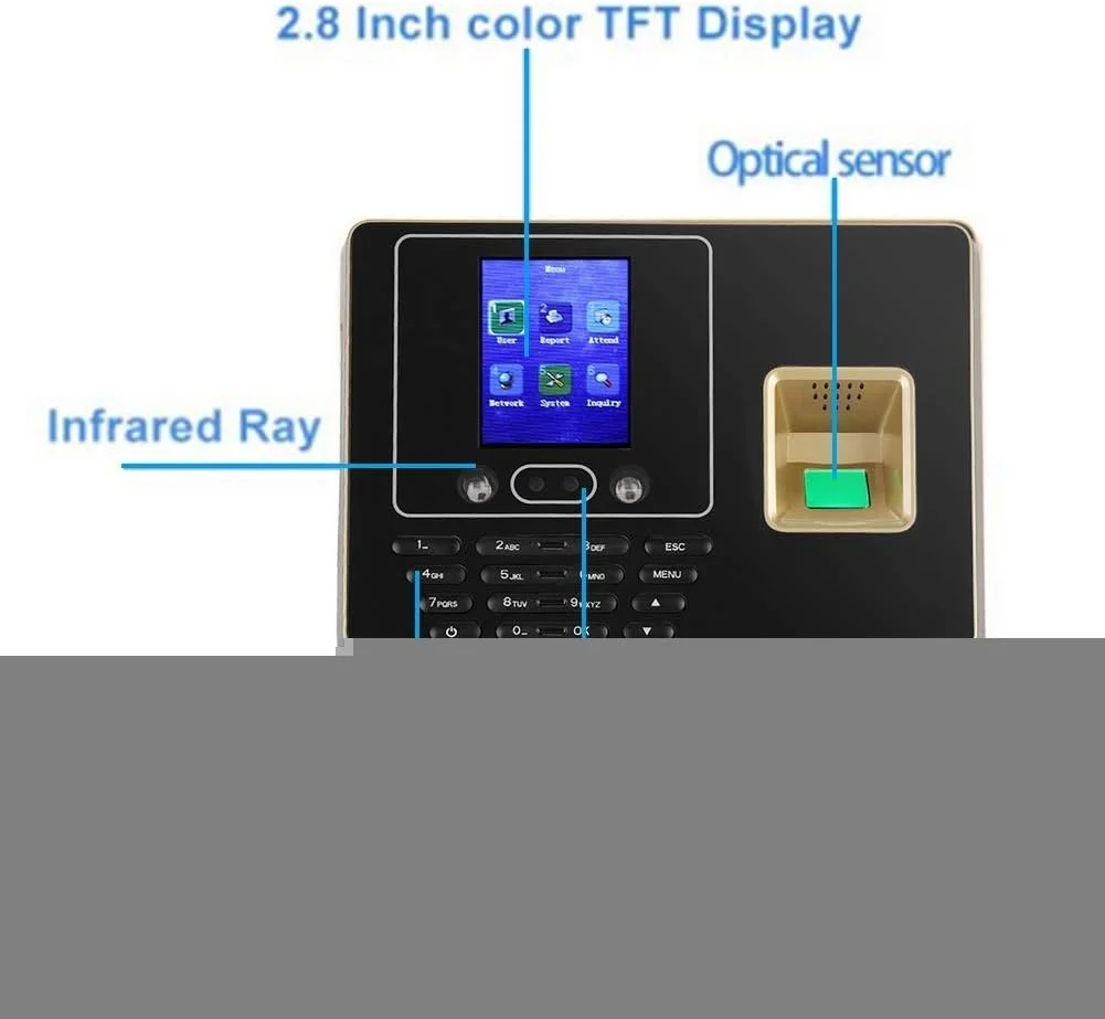 دستگاه حضور و غیاب اثر انگشتی بیومتریک DDDF با صفحه نمایش LCD و سیستم حضور و غیاب USB و ثبت ورود و خروج کارمندان
