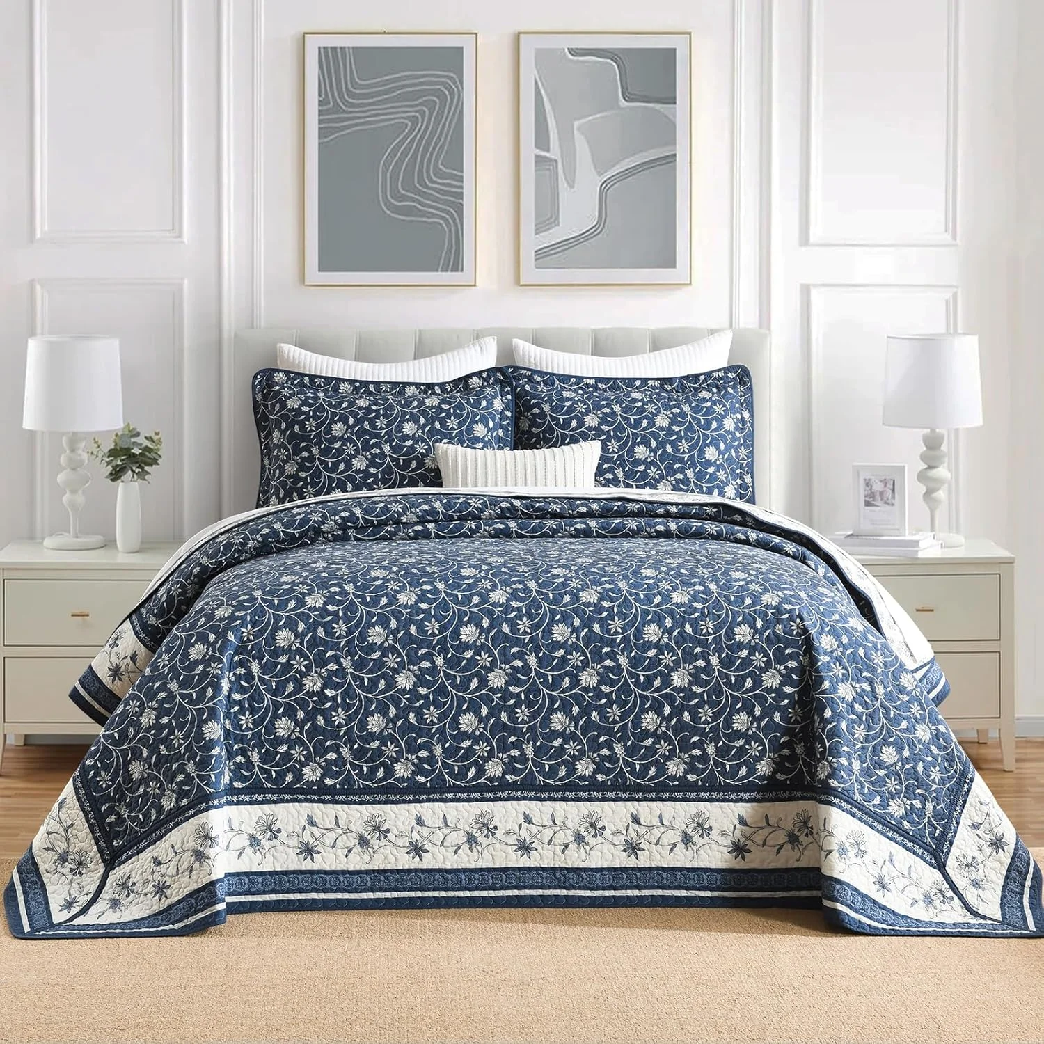 روتختی سبک وزن کینگ DDUOXIN سایز 305x305 سانتی متر - روتختی بزرگ کینگ دو رو پنبه 100% به همراه 2 روبالشتی، ست روتختی طرح گل و گیاه، سرمه ای/سفید/خاکستری، 3 تکه