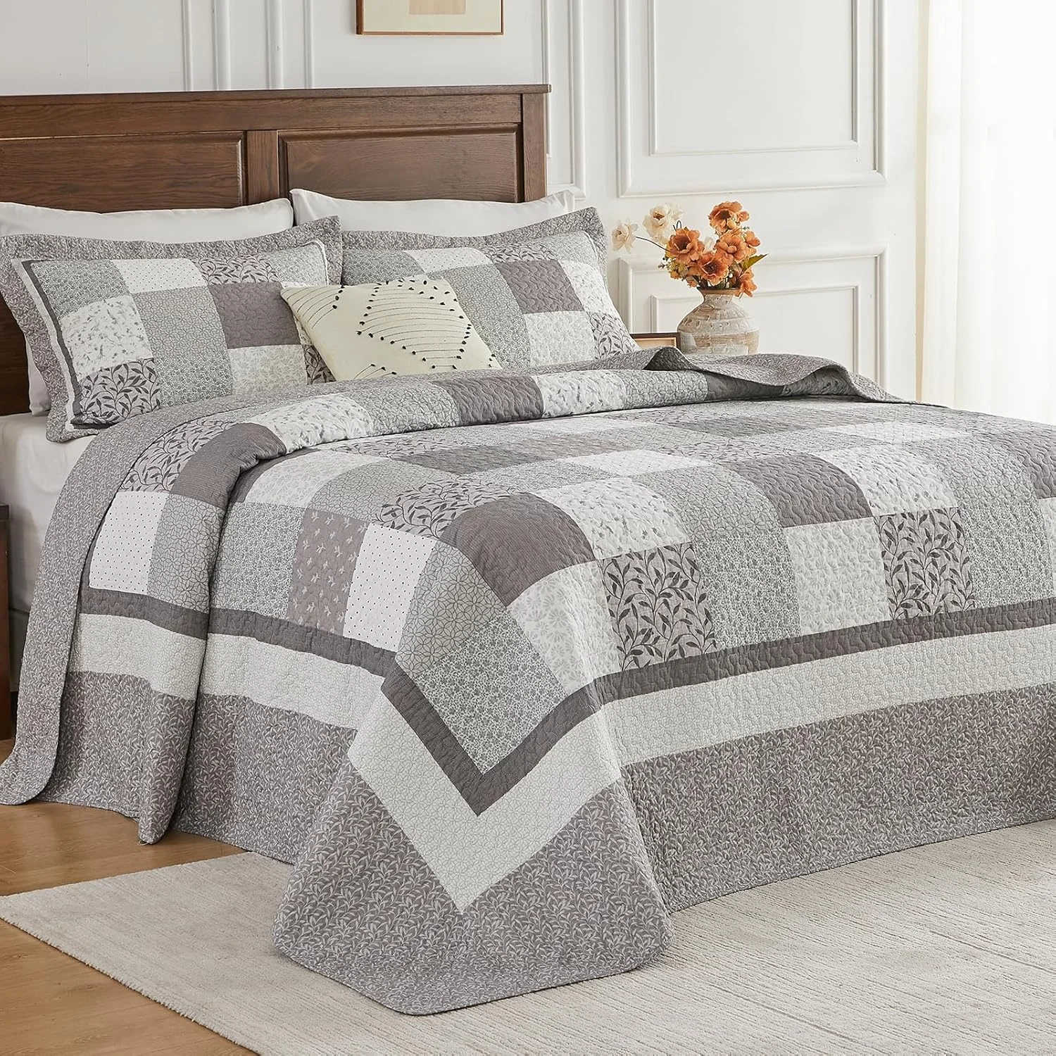روتختی بزرگ سایز کینگ DDUOXIN - عرض 305 x طول 305 سانتی متر فوق العاده عریض - لحاف تکه دوزی شده 100% پنبه ای بزرگ با 2 روبالشی، ست های روتختی سبک وزن طرح گلدار خانه روستایی، تکه دوزی خاکستری