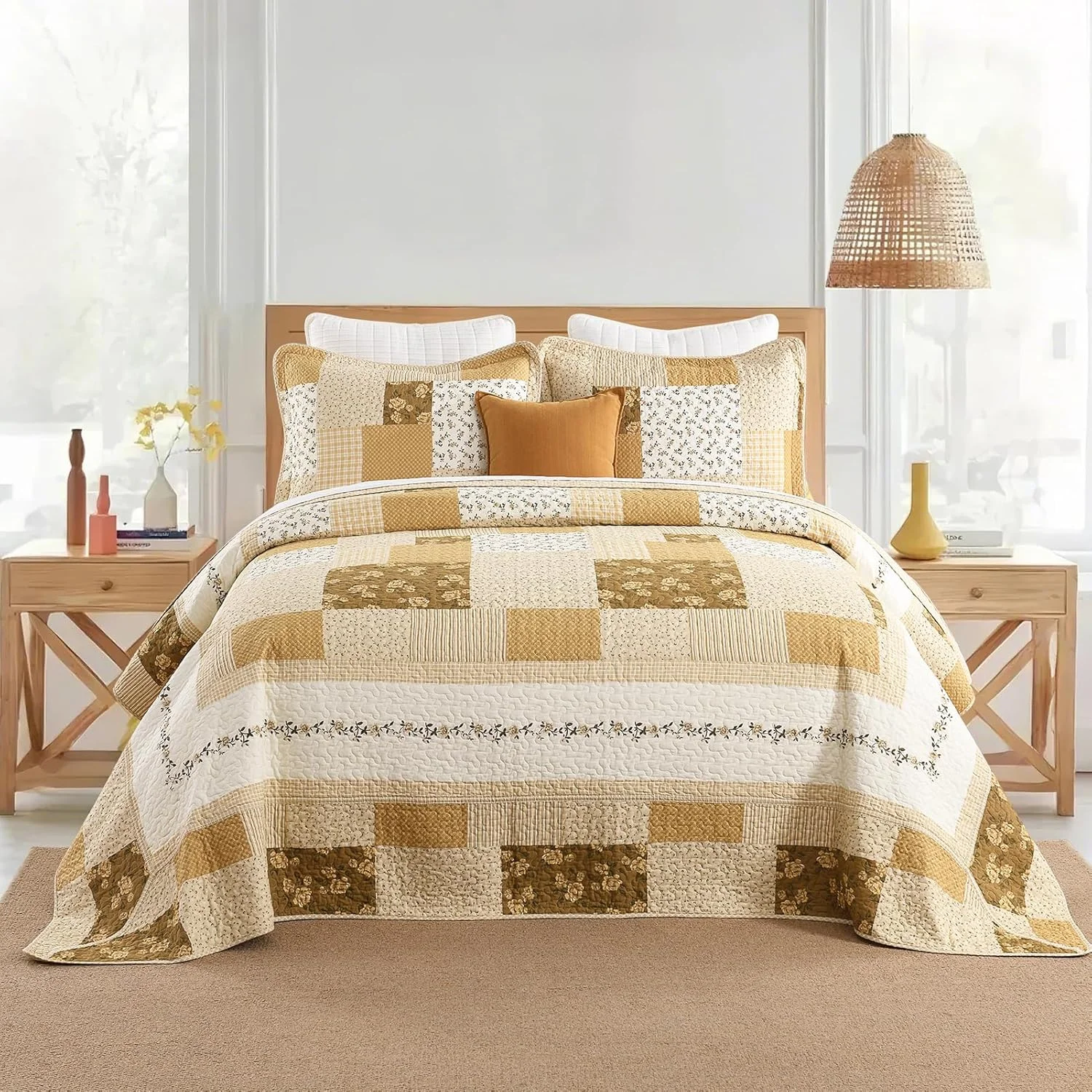 روتختی فوق العاده بزرگ کینگ DDUOXIN، عرض 325 سانتی متر در طول 305 سانتی متر - لحاف کالیفرنیا کینگ سبک وزن 100% پنبه ای با 2 روبالشتی، ست روتختی برگشت پذیر طرح دار گلدار مزرعه، بژ/خاکی