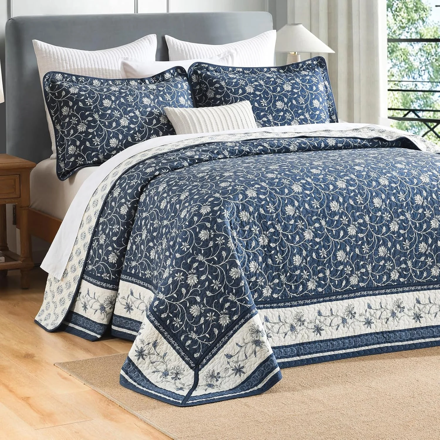 روتختی سبک وزن کینگ DDUOXIN سایز 305x305 سانتی متر - روتختی بزرگ کینگ دو رو پنبه 100% به همراه 2 روبالشتی، ست روتختی طرح گل و گیاه، سرمه ای/سفید/خاکستری، 3 تکه