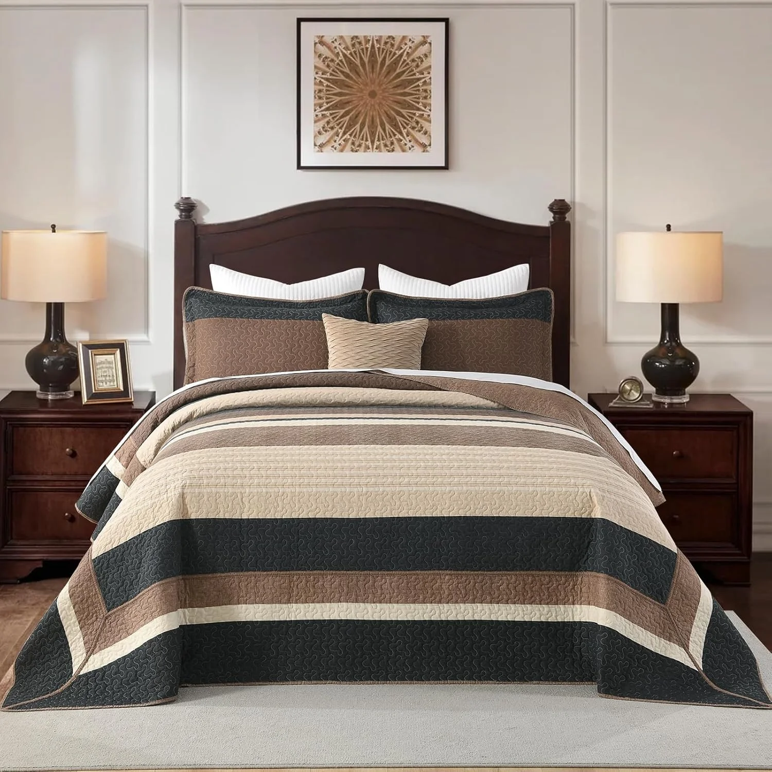 روتختی سه تکه دونفره DDUOXIN سایز کوئین 259x305 سانتی متر - لحاف کوئین بزرگ سایز 100% پنبه ای با 2 روبالشی، ست روتختی راه راه سبک وزن طرح خانه روستایی، زغالی/قهوه ای/بژ/خاکی
