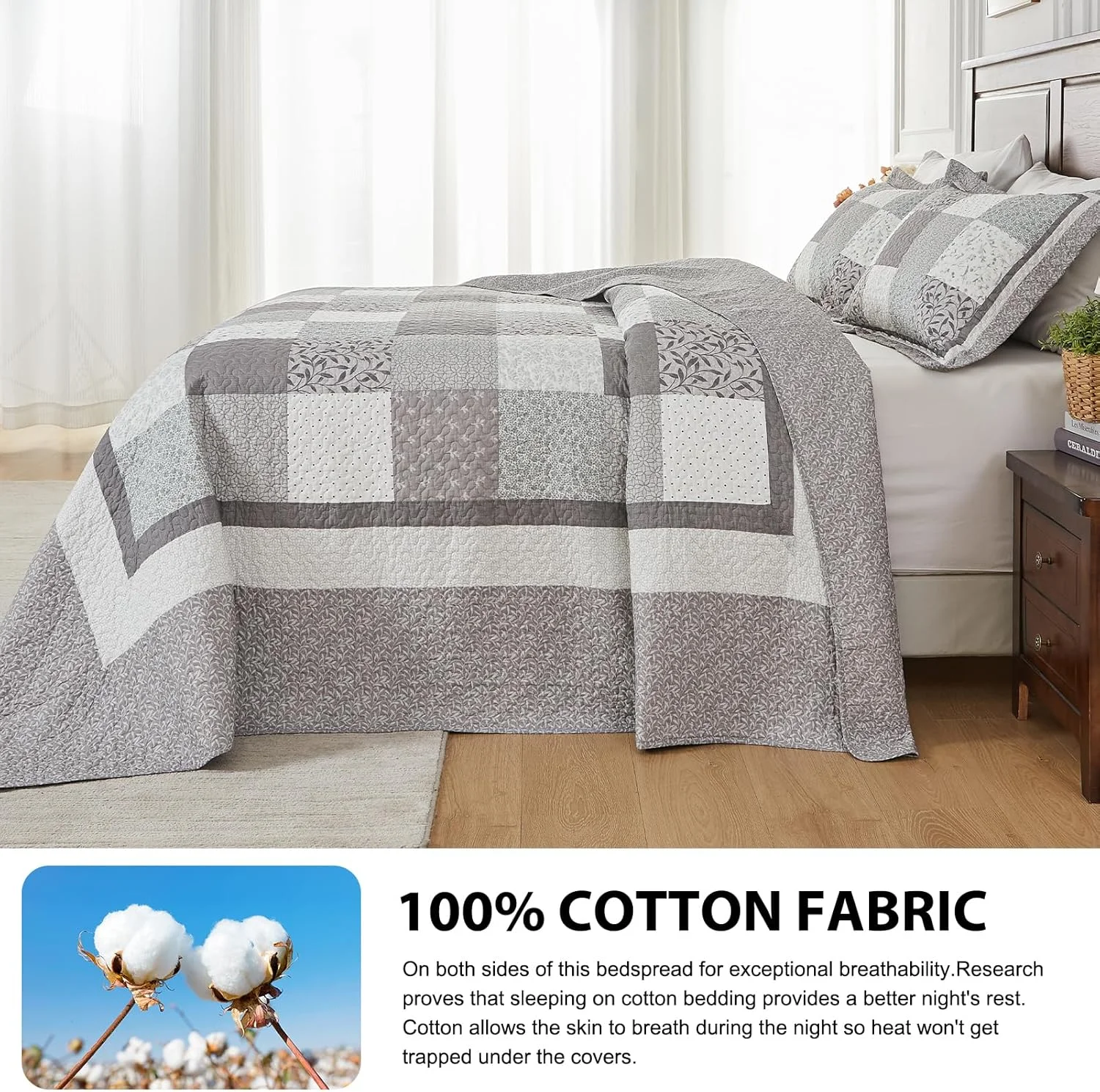 روتختی بزرگ سایز کینگ DDUOXIN - عرض 305 x طول 305 سانتی متر فوق العاده عریض - لحاف تکه دوزی شده 100% پنبه ای بزرگ با 2 روبالشی، ست های روتختی سبک وزن طرح گلدار خانه روستایی، تکه دوزی خاکستری روتختی بزرگ سایز کینگ DDUOXIN - عرض 305 x طول 305 سانتی متر فوق العاده عریض - لحاف تکه دوزی شده 100% پنبه ای بزرگ با 2 روبالشی، ست های روتختی سبک وزن طرح گلدار خانه روستایی، تکه دوزی خاکستری