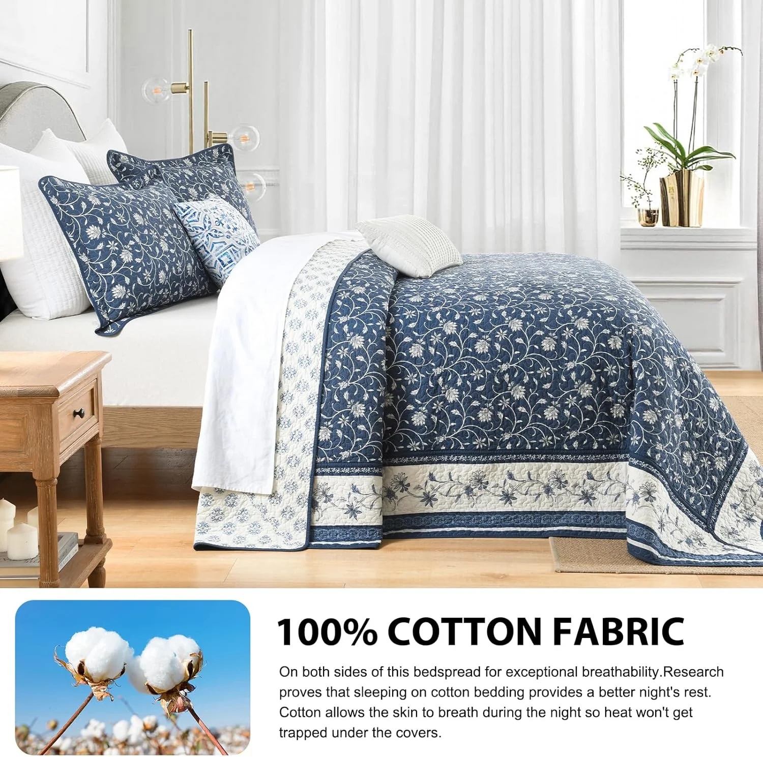 روتختی سبک وزن کینگ DDUOXIN سایز 305x305 سانتی متر - روتختی بزرگ کینگ دو رو پنبه 100% به همراه 2 روبالشتی، ست روتختی طرح گل و گیاه، سرمه ای/سفید/خاکستری، 3 تکه