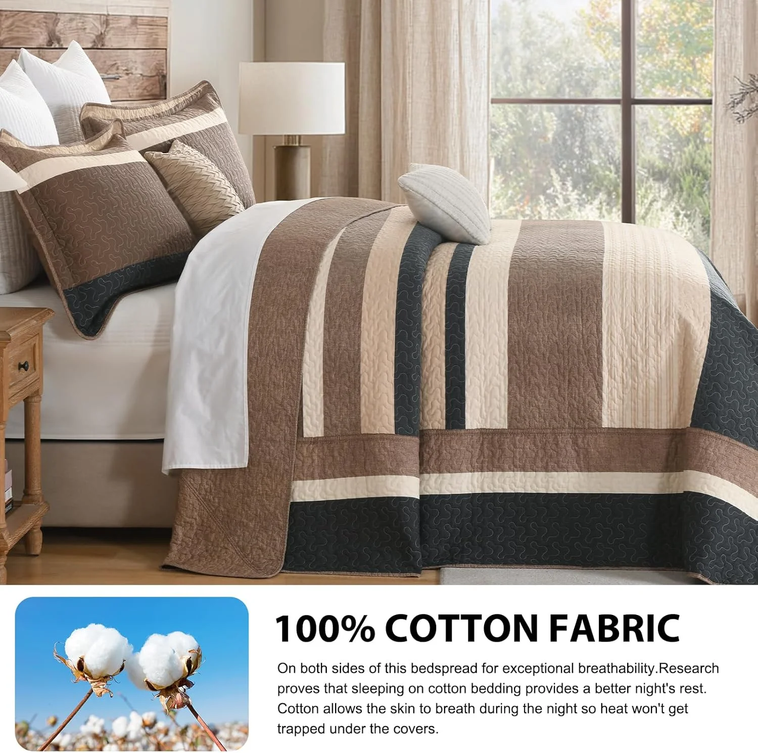 روتختی سه تکه دونفره DDUOXIN سایز کوئین 259x305 سانتی متر - لحاف کوئین بزرگ سایز 100% پنبه ای با 2 روبالشی، ست روتختی راه راه سبک وزن طرح خانه روستایی، زغالی/قهوه ای/بژ/خاکی
