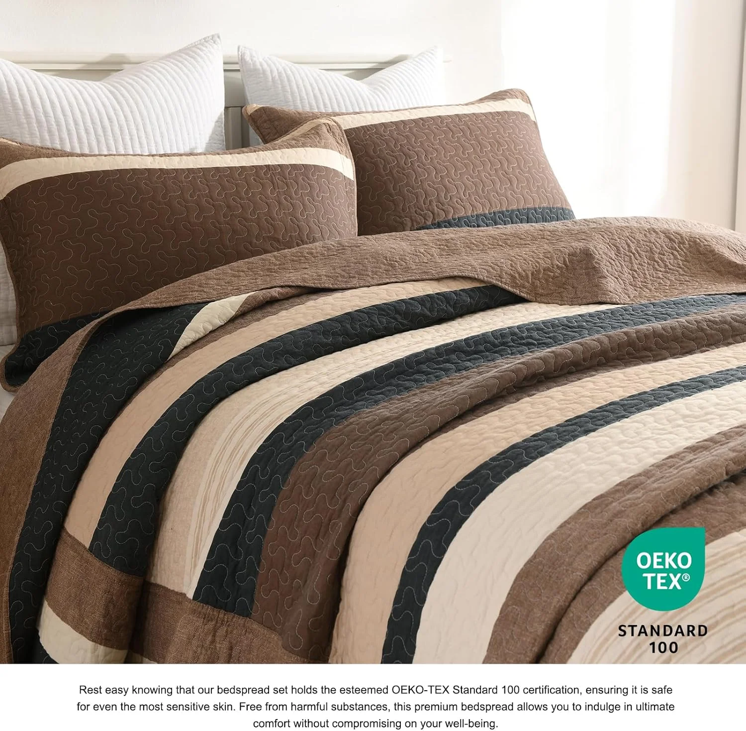 روتختی سه تکه دونفره DDUOXIN سایز کوئین 259x305 سانتی متر - لحاف کوئین بزرگ سایز 100% پنبه ای با 2 روبالشی، ست روتختی راه راه سبک وزن طرح خانه روستایی، زغالی/قهوه ای/بژ/خاکی