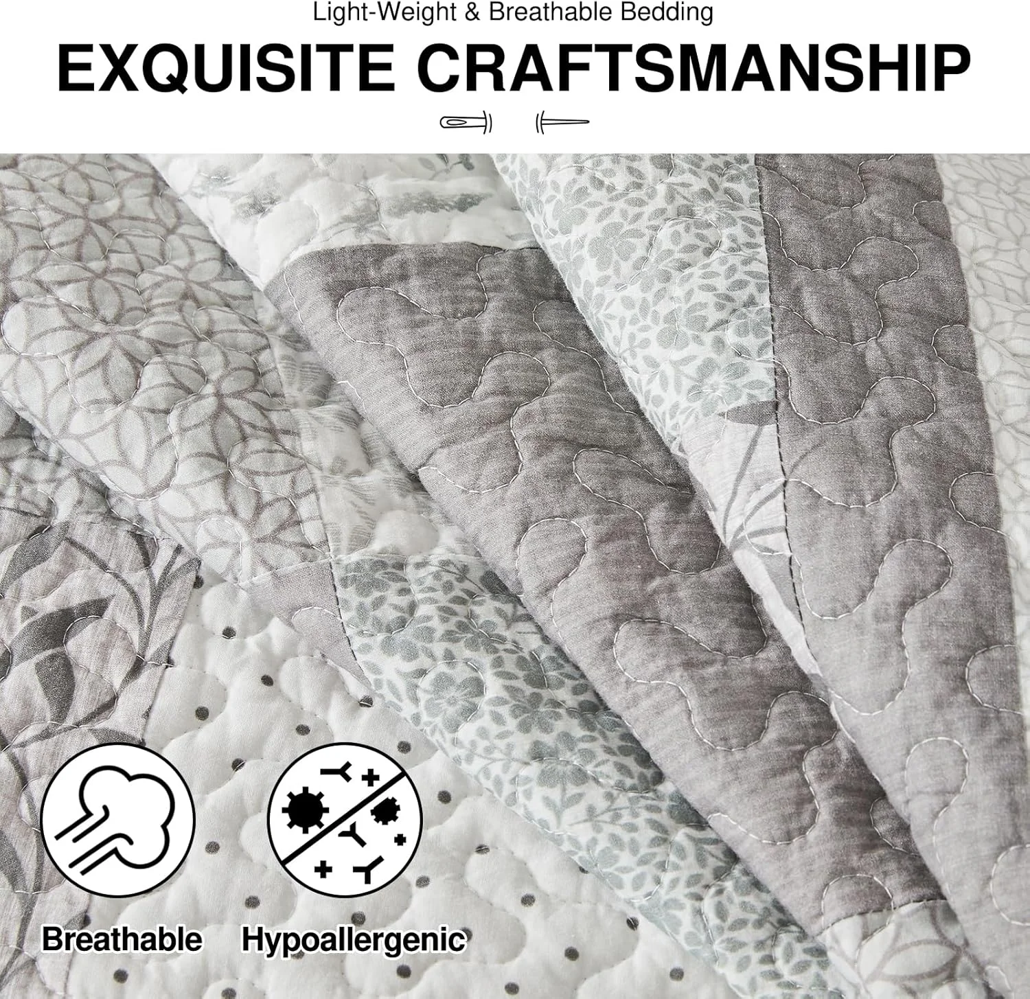 روتختی بزرگ سایز کینگ DDUOXIN - عرض 305 x طول 305 سانتی متر فوق العاده عریض - لحاف تکه دوزی شده 100% پنبه ای بزرگ با 2 روبالشی، ست های روتختی سبک وزن طرح گلدار خانه روستایی، تکه دوزی خاکستری روتختی بزرگ سایز کینگ DDUOXIN - عرض 305 x طول 305 سانتی متر فوق العاده عریض - لحاف تکه دوزی شده 100% پنبه ای بزرگ با 2 روبالشی، ست های روتختی سبک وزن طرح گلدار خانه روستایی، تکه دوزی خاکستری