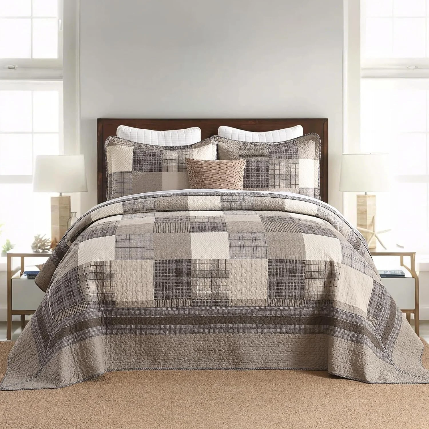 روتختی کینگ سایز بزرگ DDUOXIN، عرض 325 سانتی متر در طول 305 سانتی متر - لحاف کالیفرنیا کینگ سبک وزن 100% پنبه با 2 روبالشتی، روتختی های برگشت پذیر چهارخانه طرح مزرعه، قهوه ای/بژ/خاکی/نقره ای توس روتختی کینگ سایز بزرگ DDUOXIN، عرض 325 سانتی متر در طول 305 سانتی متر - لحاف کالیفرنیا کینگ سبک وزن 100% پنبه با 2 روبالشتی، روتختی های برگشت پذیر چهارخانه طرح مزرعه، قهوه ای/بژ/خاکی/نقره ای توس