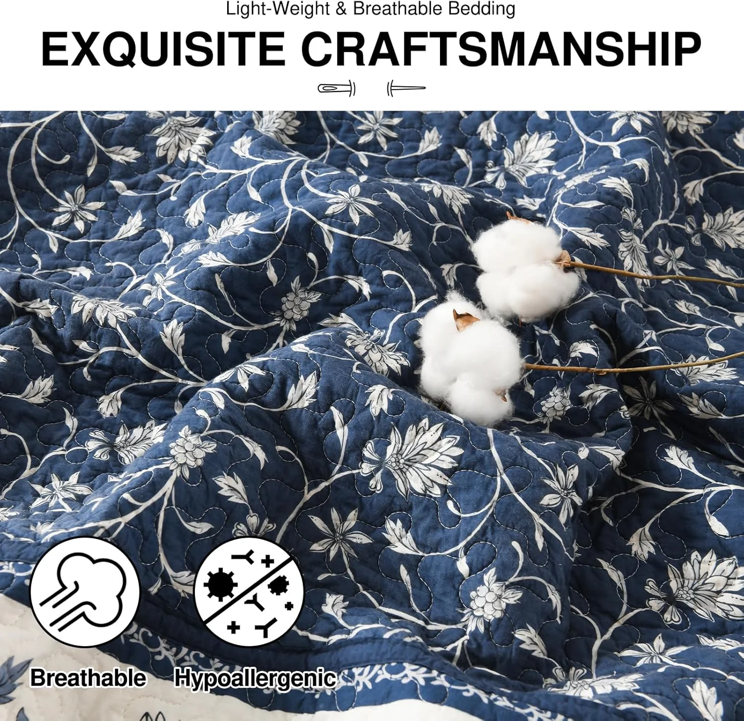 روتختی سبک وزن کینگ DDUOXIN سایز 305x305 سانتی متر - روتختی بزرگ کینگ دو رو پنبه 100% به همراه 2 روبالشتی، ست روتختی طرح گل و گیاه، سرمه ای/سفید/خاکستری، 3 تکه