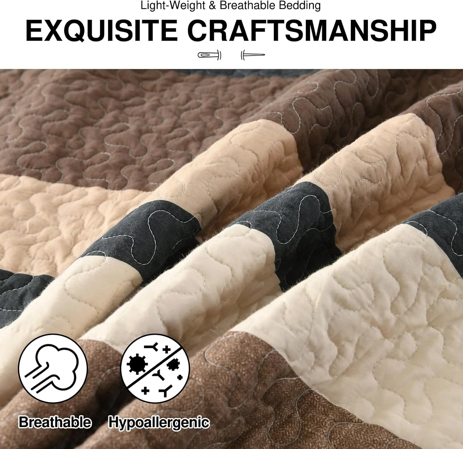 روتختی سه تکه دونفره DDUOXIN سایز کوئین 259x305 سانتی متر - لحاف کوئین بزرگ سایز 100% پنبه ای با 2 روبالشی، ست روتختی راه راه سبک وزن طرح خانه روستایی، زغالی/قهوه ای/بژ/خاکی