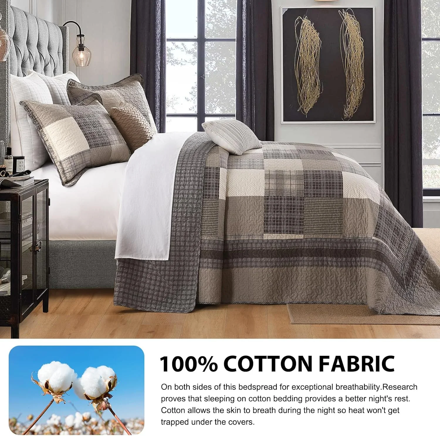 روتختی کینگ سایز بزرگ DDUOXIN، عرض 325 سانتی متر در طول 305 سانتی متر - لحاف کالیفرنیا کینگ سبک وزن 100% پنبه با 2 روبالشتی، روتختی های برگشت پذیر چهارخانه طرح مزرعه، قهوه ای/بژ/خاکی/نقره ای توس روتختی کینگ سایز بزرگ DDUOXIN، عرض 325 سانتی متر در طول 305 سانتی متر - لحاف کالیفرنیا کینگ سبک وزن 100% پنبه با 2 روبالشتی، روتختی های برگشت پذیر چهارخانه طرح مزرعه، قهوه ای/بژ/خاکی/نقره ای توس