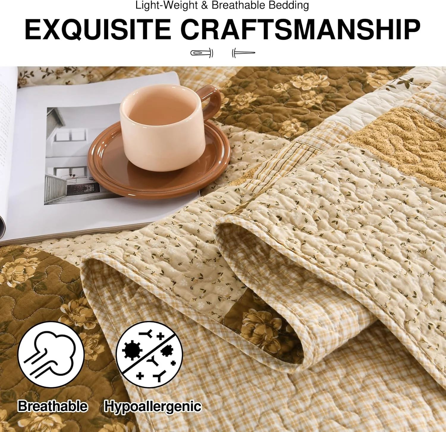 روتختی فوق العاده بزرگ کینگ DDUOXIN، عرض 325 سانتی متر در طول 305 سانتی متر - لحاف کالیفرنیا کینگ سبک وزن 100% پنبه ای با 2 روبالشتی، ست روتختی برگشت پذیر طرح دار گلدار مزرعه، بژ/خاکی