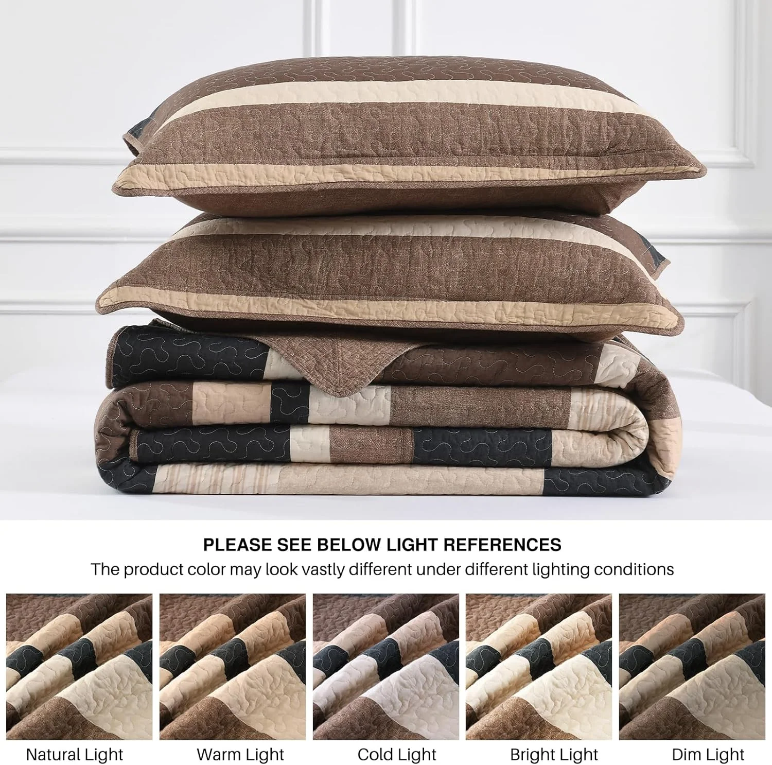 روتختی سه تکه دونفره DDUOXIN سایز کوئین 259x305 سانتی متر - لحاف کوئین بزرگ سایز 100% پنبه ای با 2 روبالشی، ست روتختی راه راه سبک وزن طرح خانه روستایی، زغالی/قهوه ای/بژ/خاکی