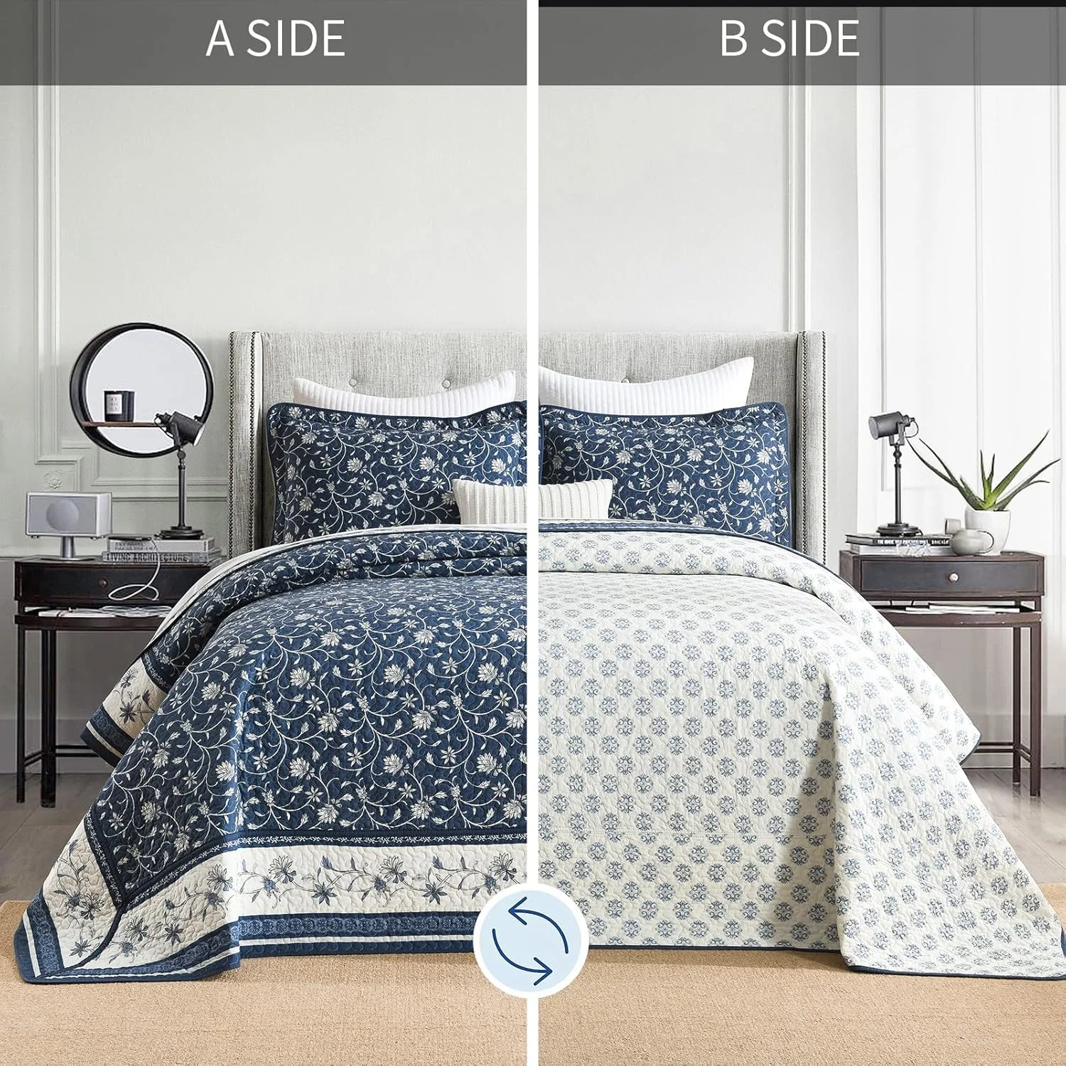 روتختی سبک وزن کینگ DDUOXIN سایز 305x305 سانتی متر - روتختی بزرگ کینگ دو رو پنبه 100% به همراه 2 روبالشتی، ست روتختی طرح گل و گیاه، سرمه ای/سفید/خاکستری، 3 تکه