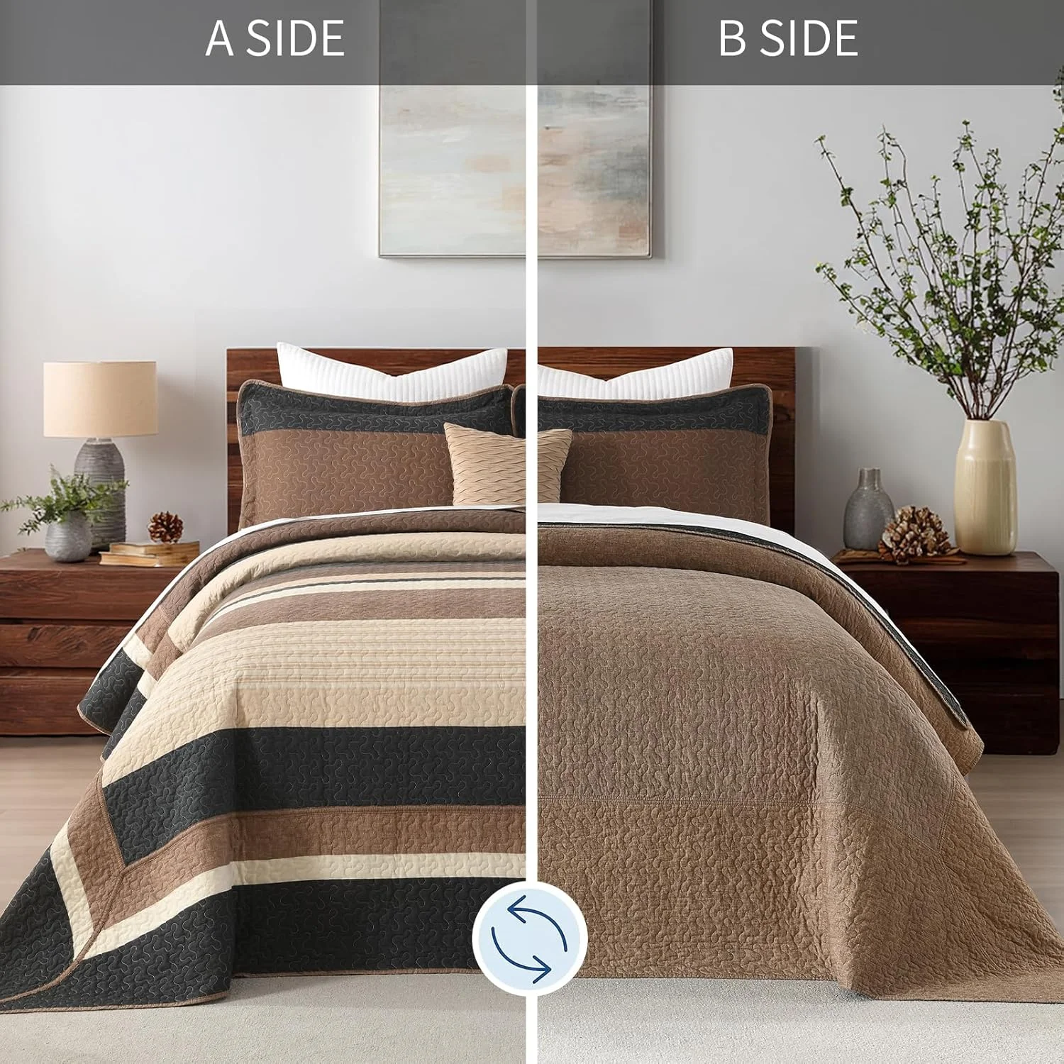 روتختی سه تکه دونفره DDUOXIN سایز کوئین 259x305 سانتی متر - لحاف کوئین بزرگ سایز 100% پنبه ای با 2 روبالشی، ست روتختی راه راه سبک وزن طرح خانه روستایی، زغالی/قهوه ای/بژ/خاکی