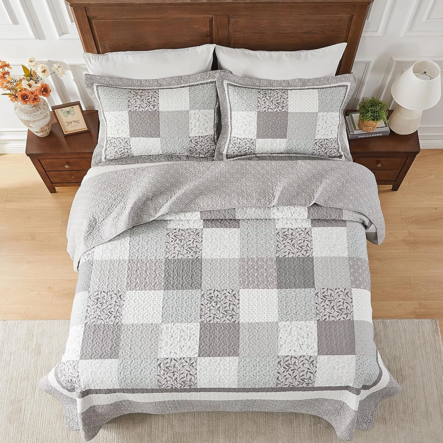 روتختی بزرگ سایز کینگ DDUOXIN - عرض 305 x طول 305 سانتی متر فوق العاده عریض - لحاف تکه دوزی شده 100% پنبه ای بزرگ با 2 روبالشی، ست های روتختی سبک وزن طرح گلدار خانه روستایی، تکه دوزی خاکستری روتختی بزرگ سایز کینگ DDUOXIN - عرض 305 x طول 305 سانتی متر فوق العاده عریض - لحاف تکه دوزی شده 100% پنبه ای بزرگ با 2 روبالشی، ست های روتختی سبک وزن طرح گلدار خانه روستایی، تکه دوزی خاکستری