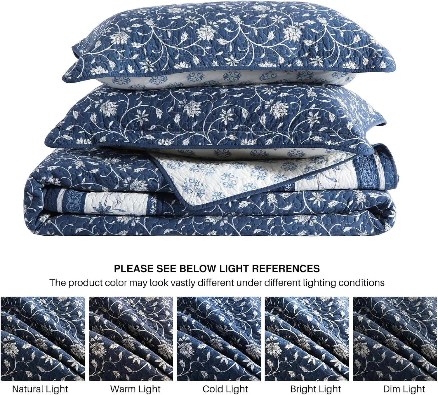 روتختی سبک وزن کینگ DDUOXIN سایز 305x305 سانتی متر - روتختی بزرگ کینگ دو رو پنبه 100% به همراه 2 روبالشتی، ست روتختی طرح گل و گیاه، سرمه ای/سفید/خاکستری، 3 تکه