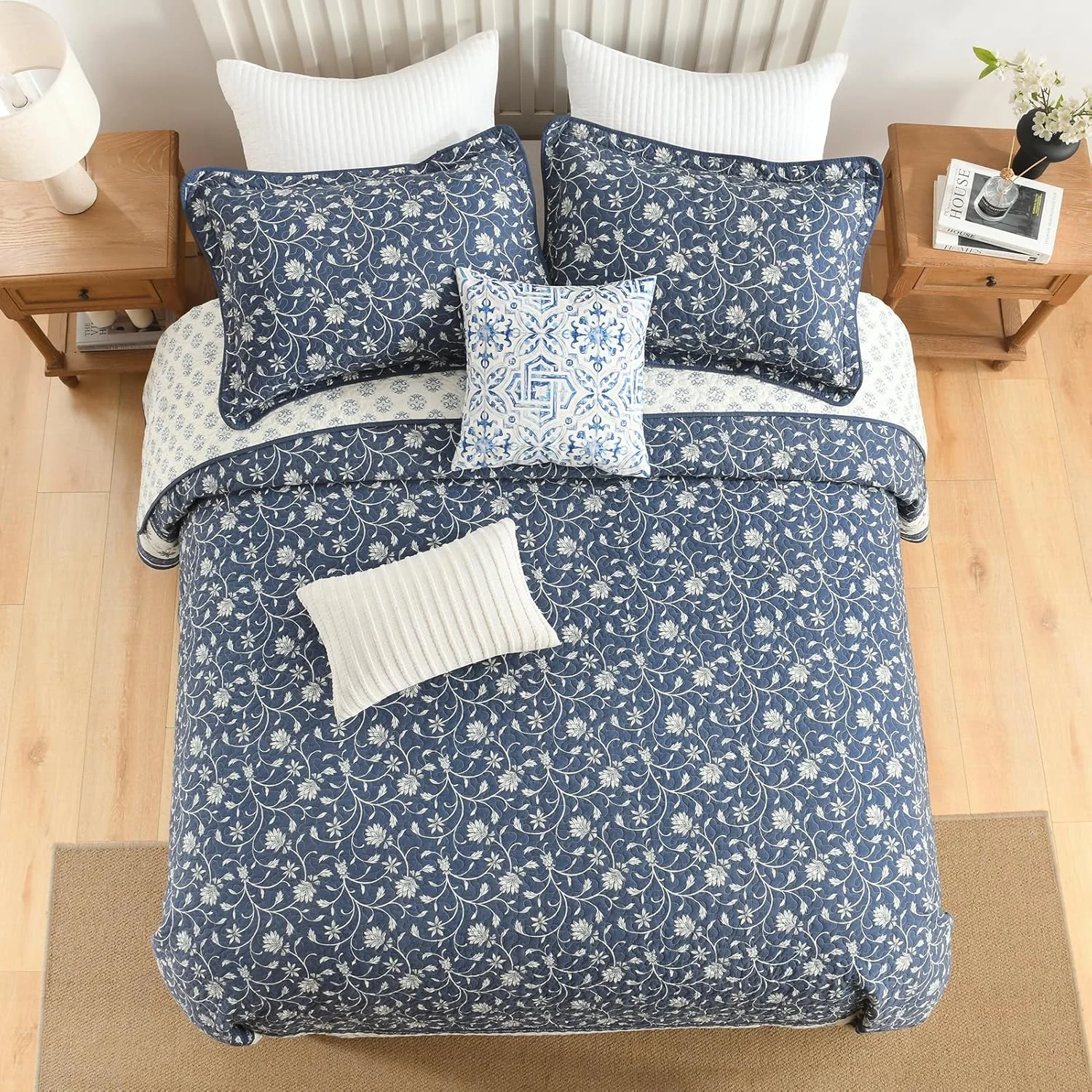 روتختی سبک وزن کینگ DDUOXIN سایز 305x305 سانتی متر - روتختی بزرگ کینگ دو رو پنبه 100% به همراه 2 روبالشتی، ست روتختی طرح گل و گیاه، سرمه ای/سفید/خاکستری، 3 تکه