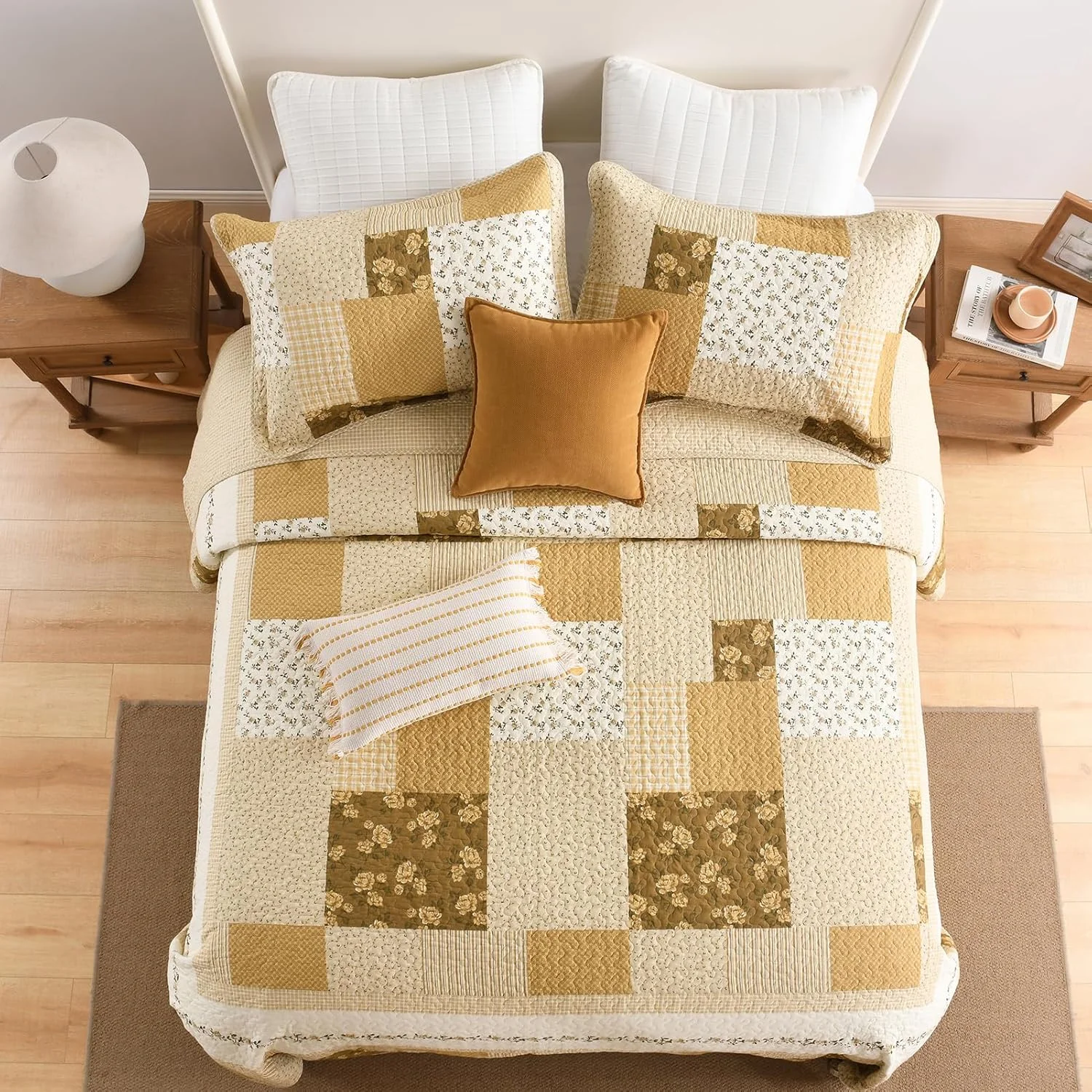 روتختی فوق العاده بزرگ کینگ DDUOXIN، عرض 325 سانتی متر در طول 305 سانتی متر - لحاف کالیفرنیا کینگ سبک وزن 100% پنبه ای با 2 روبالشتی، ست روتختی برگشت پذیر طرح دار گلدار مزرعه، بژ/خاکی