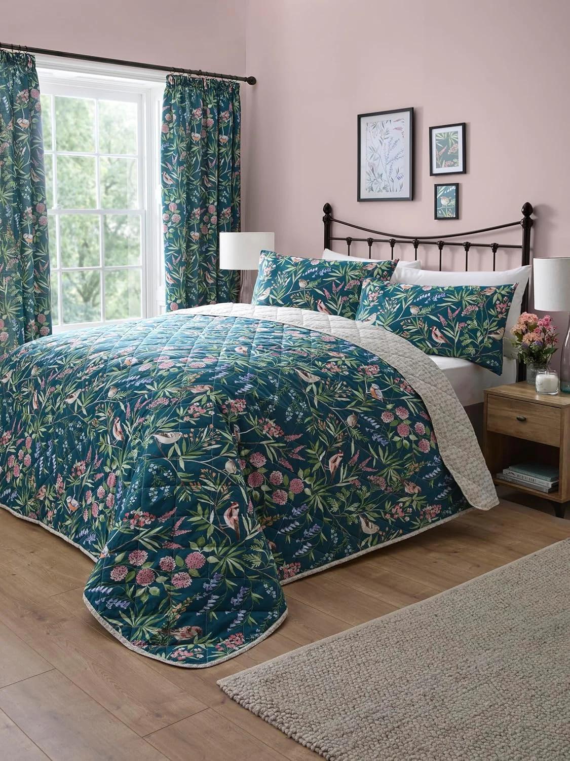 دریمز اند دریپس - روتختی طرح گل و پرنده سبزآبی (230cm X 200cm) - دو رو (2 طرح) - لحاف طرح گل سبز - روتختی های لحافی سبز با چاپ گیاهی و پرندگان بهاری