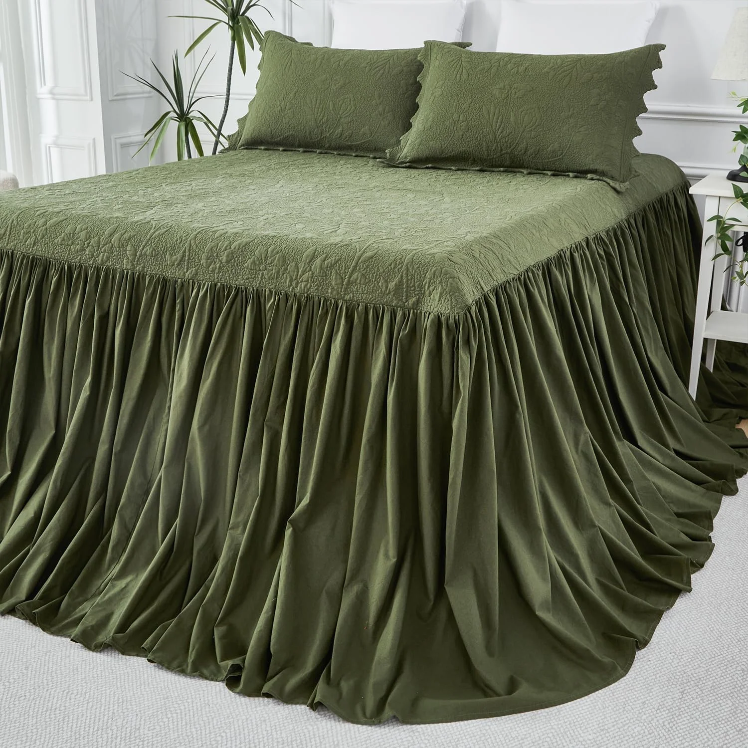 ست روتختی دونفره برندریم، 100% پنبه، سبز زیتونی، طرح گلدار و تاک، روتختی دونفره و دو روبالشتی استاندارد، روتختی طرح قدیمی (60x80 +30 اینچ) و روبالشتی (20x26 اینچ)