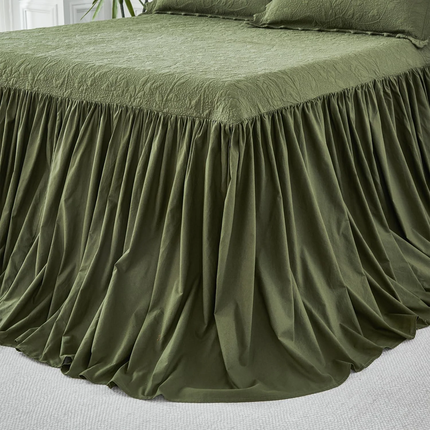 ست روتختی دونفره برندریم، 100% پنبه، سبز زیتونی، طرح گلدار و تاک، روتختی دونفره و دو روبالشتی استاندارد، روتختی طرح قدیمی (60x80 +30 اینچ) و روبالشتی (20x26 اینچ)