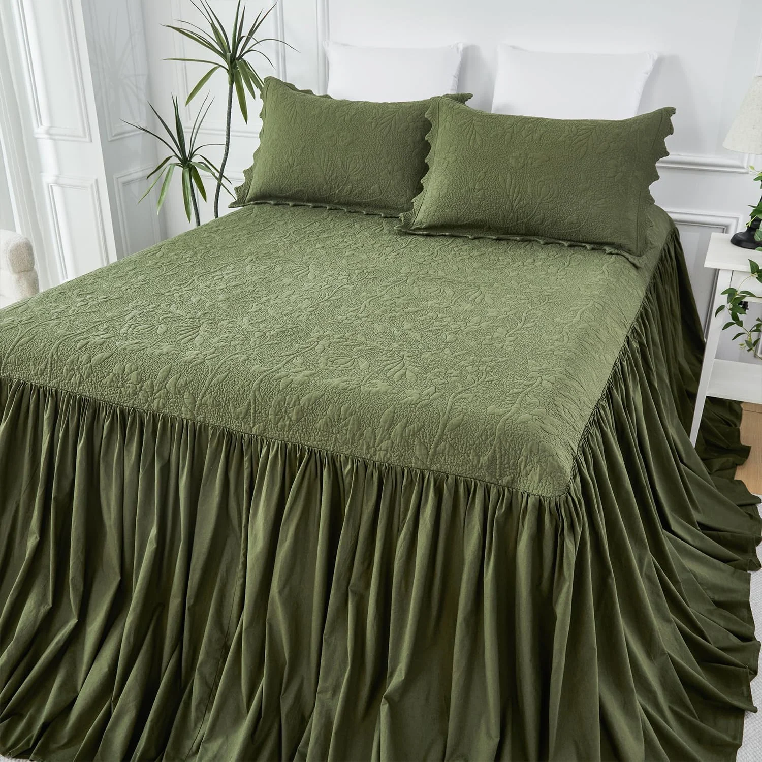 ست روتختی دونفره برندریم، 100% پنبه، سبز زیتونی، طرح گلدار و تاک، روتختی دونفره و دو روبالشتی استاندارد، روتختی طرح قدیمی (60x80 +30 اینچ) و روبالشتی (20x26 اینچ)